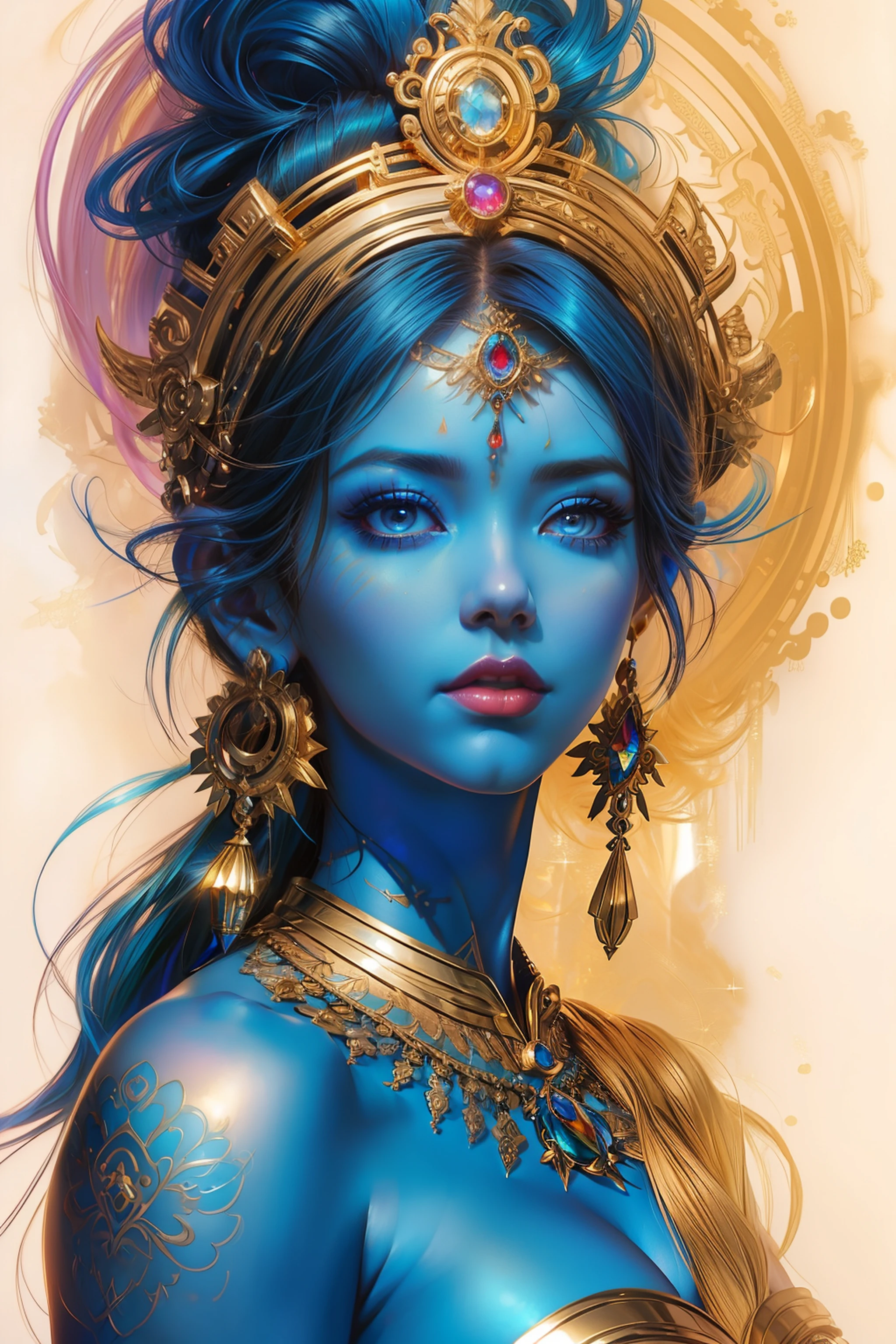 Close up portrait of woman with blue makeup and gold jewelry, artgerm detailed, artgerm julie bell beeple, ArtGerm is colorful!!!, very detailed Artgerm, featured on artgerm, Goddess. extremely high detail, trending artgerm, ArtGerm. high detailing, wlop | ArtGerm, artgerm art