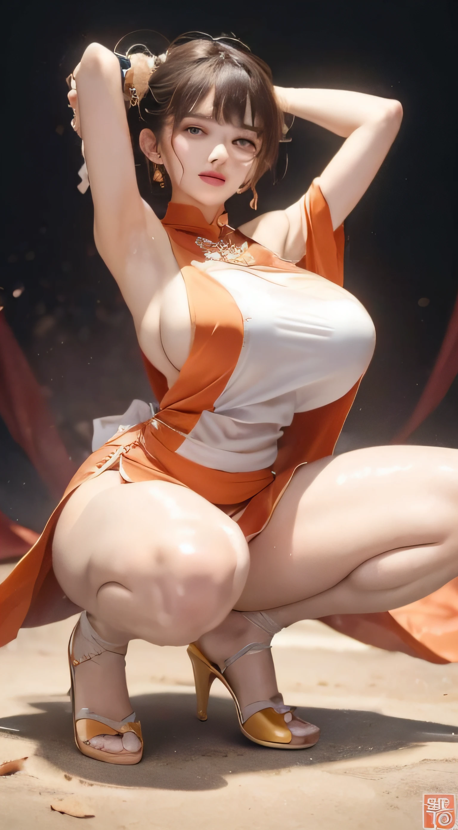 ((top quality, 8k, masterpiece: 1.3)), beauty, 1 girl, beautiful: 1.3, slender abs: 1.1, dark brown hair, (kneeling on the floor, legs open: 1.2), ultra detailed face, highly detailed lips, detailed eyes, double eyelids
