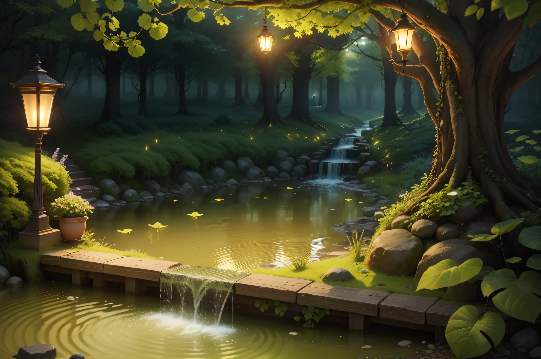 lamplight、Green、Tidal floats、chai、dream-state、dreamland、ancient times、magia、ribbons、Streamers、Mysterious plants、Pools、ln the forest、vine、grapevine、extreme hight detail、16k、ultraclear、tmasterpiece、high high quality、A high resolution