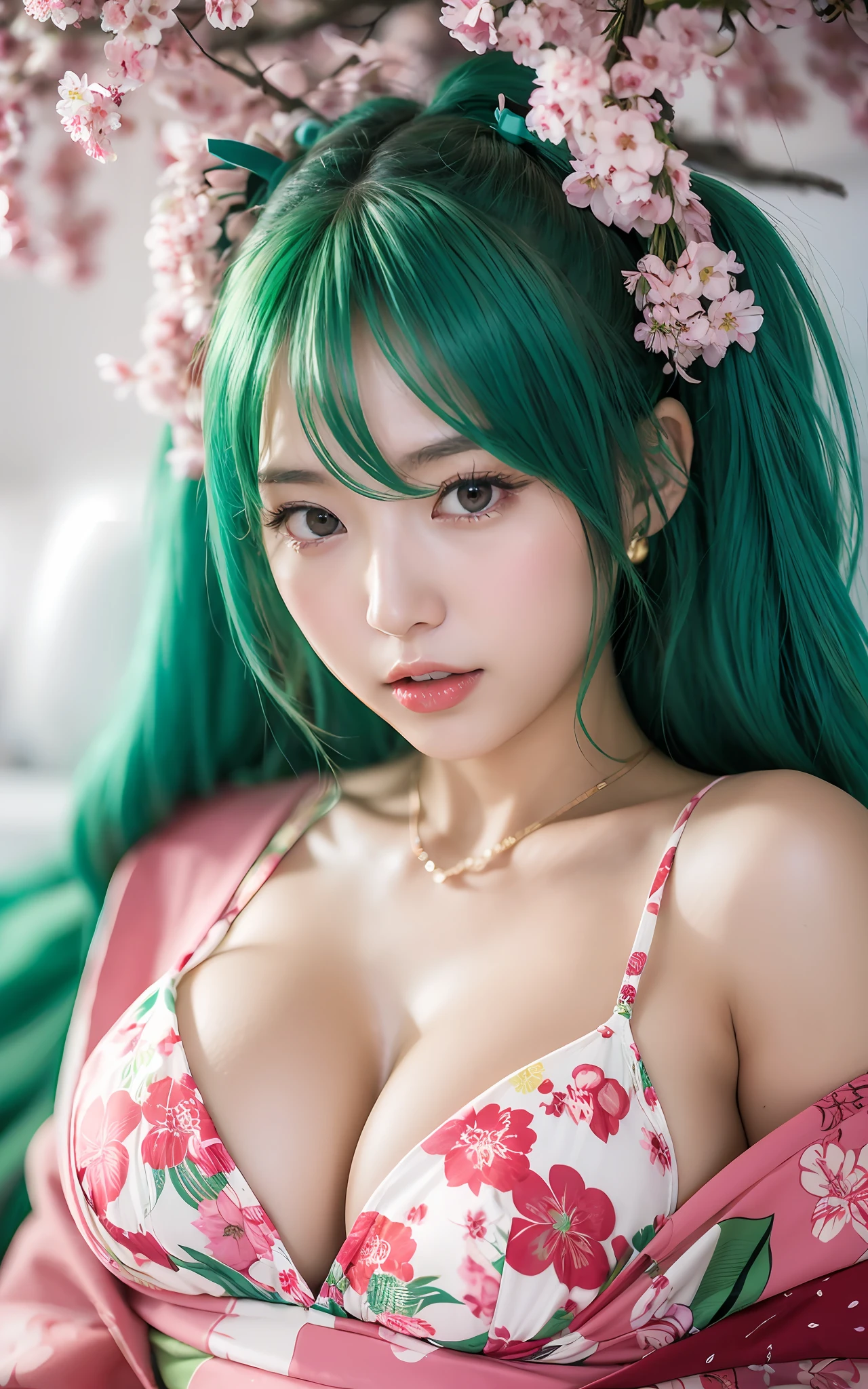 (Photorealsitic: 1.4, best qualtiy, 8K,Wetty:1.3 ), ( 20yr old, K-pop idols、 Kimono with cherry blossom pattern, Sweat: 1.2, green colored hair、Twin-tailed:1.3、hposing Gravure Idol), Fine skin, (Film Lighting), Soft light, Double eyelids, ((独奏、Colossal :1.3、cleathe breast、Bust-t、laying down on the bed、function、miku hatsune))