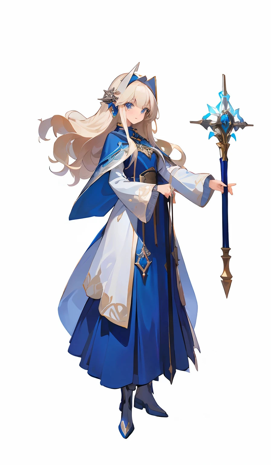 tmasterpiece, high detal, full bodyesbian, An adult female, magestic, Long platinum blonde curly hair, blue color eyes, beauitful face, Long blue dress, White sleeves, Small cape, Booties, Metal pendants, head gear, Take the staff, looking at viewert, stand posture, 4K