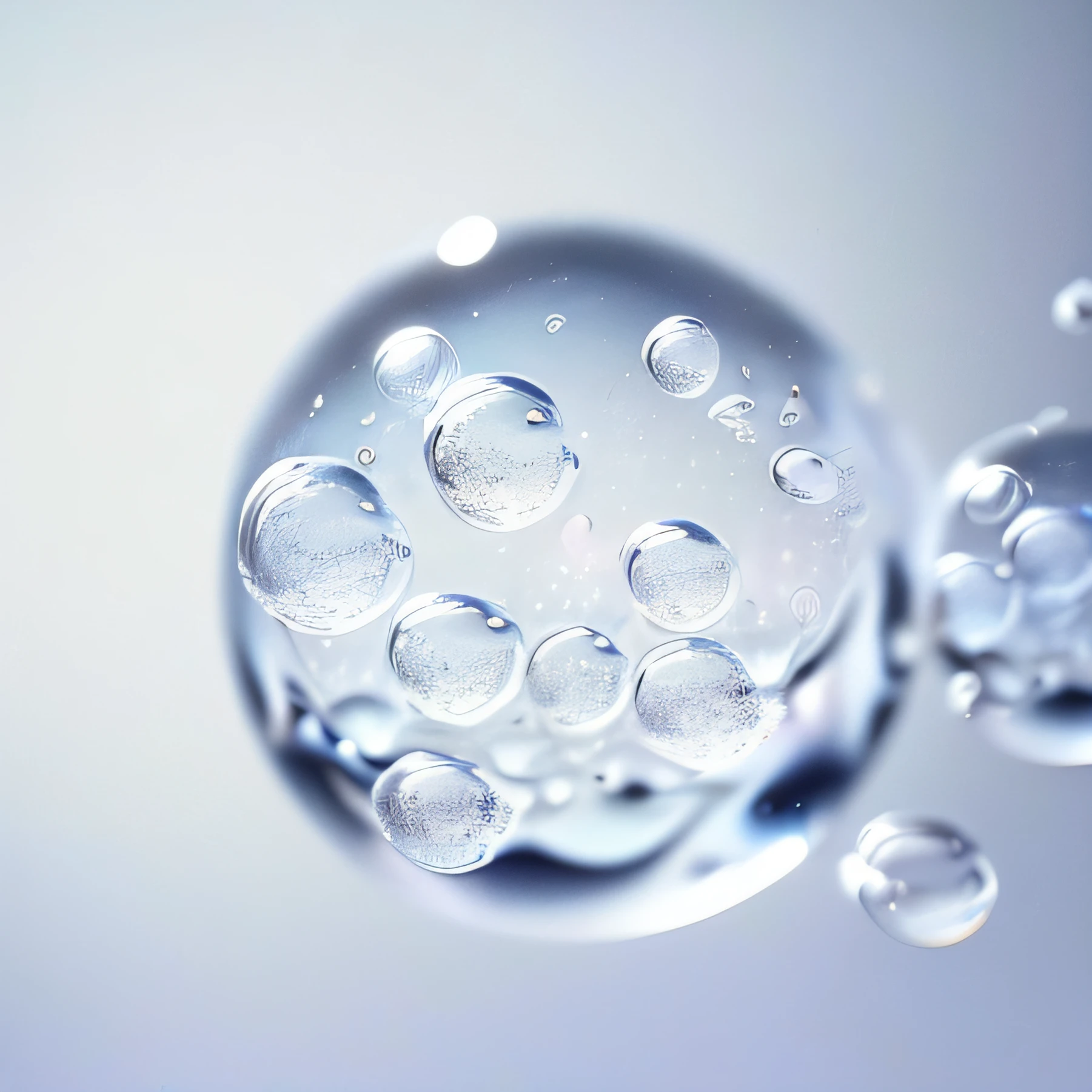 Close-up of a bunch of bubbles floating in a glass sphere, water bubbles, water bubbles, transparent droplets, Ethereal bubbles, water particulate, bubbling skin, water particulate, water dripping, Floating bubbles, detailed droplets, water dripping, Water droplets, Buble, water droplets frozen in time, drops of clean water, Soap Bubbles
