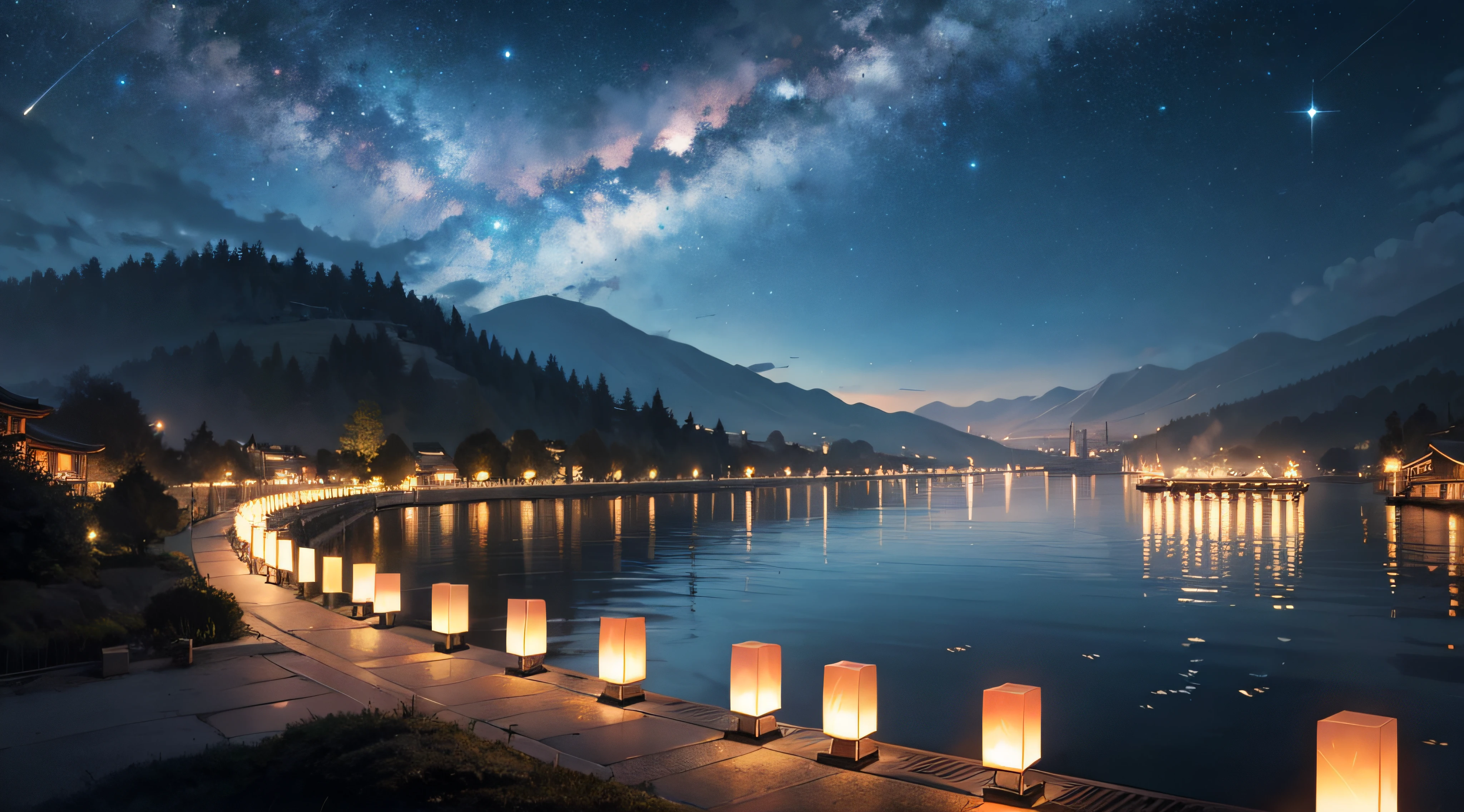 Light is a light。Such as thousands of fish swimming across the river and sea，Countless lanterns slowly rise from the top of the mountain。 . They sparkle in the dark，Shine brightly。Like a floating soul，The most brilliant dreams，Magnificent，Light his path。