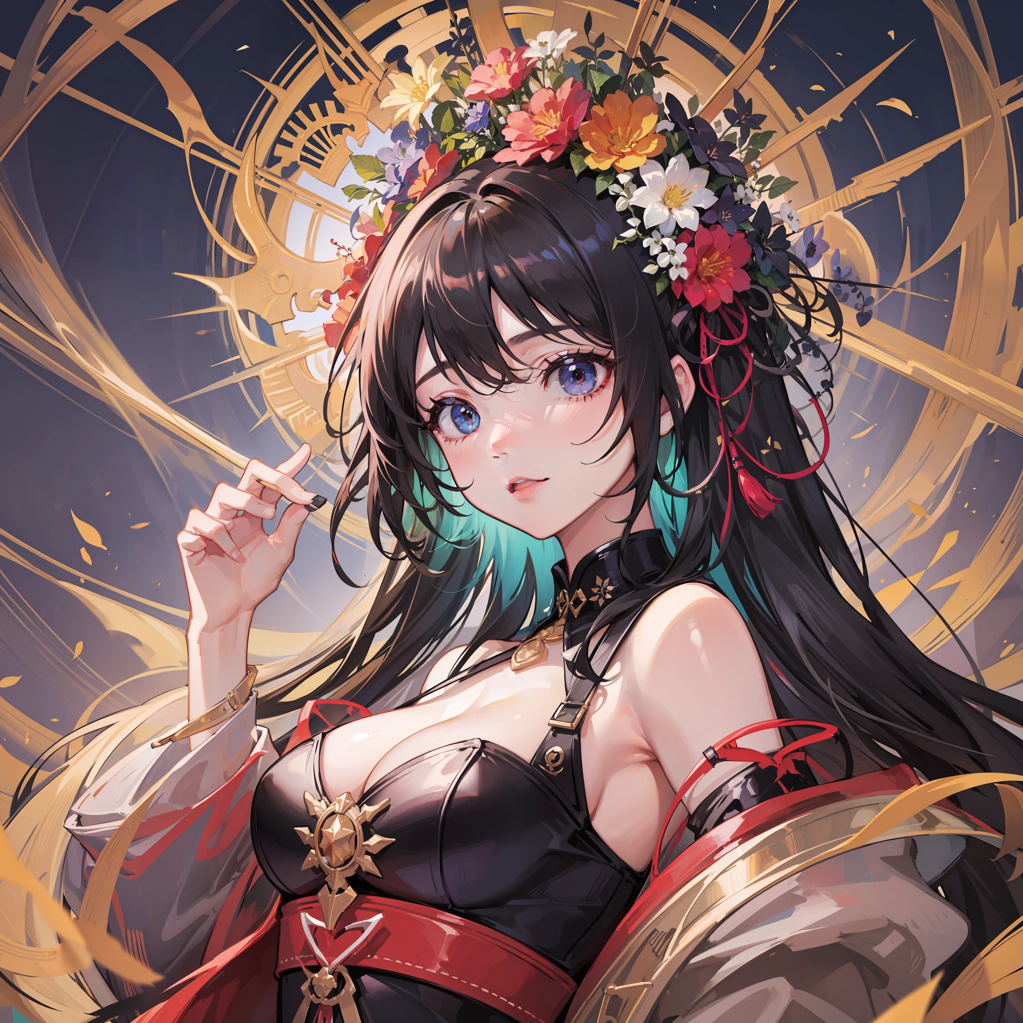 tmasterpiece, hyper-detailing, very high res, Extreme image quality, Black hair, Colorful colorful, A girl, 独奏，Brilliant background，There are God's eyes，Dressed in a fancy costume，