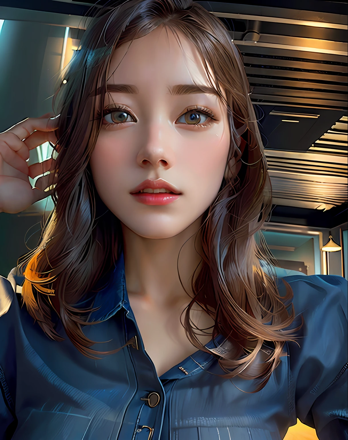 Surrealistic female portraits by David Hockney and Alphonse Mucha, fantasy art, photorealism, dynamic lighting, artstation, poster, volumetric lighting, very detailed faces, 4k, award-winning, 1girl, in the dark, deep shadows, understated, denim photos, (formal wear: 1.4), long hair,