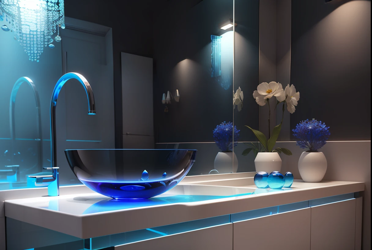 There is a blue bowl sink on the counter in the bathroom, blue realistic 3 d render, mirror and glass surfaces, vibrant scene, Product rendering, transparent glass surfaces, 3 d product render, lacquered glass, sink ( ( ( fish tank ) ) ) ) ), ، simple, product design render, colours, vibrant blue, clean render, Glossy surface
