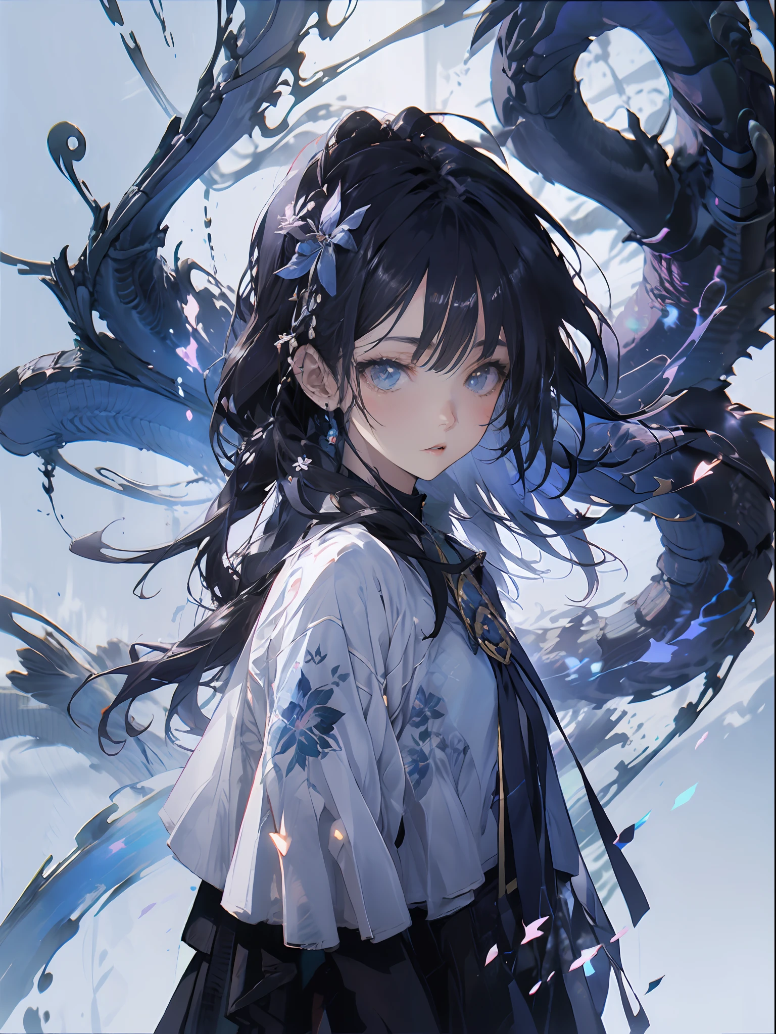 Blue-haired side ponytail,Design clothing,Seven-doppelganger shot,Anime style 4K,Anime girl with teal hair,High quality anime art style,Standing painting,Splash ink background,Blue Themes。