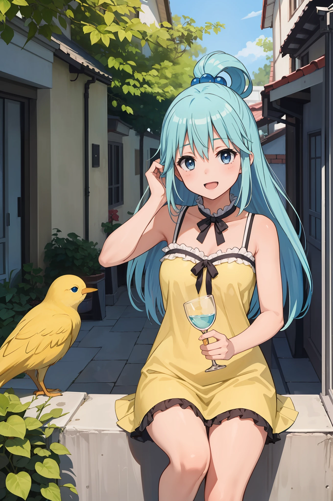 obra-prima, melhor qualidade, 1girl, aqua_konosuba, cabelo longo, cabelo azul claro, olhos azuis, sorriso, passarinho azul voando