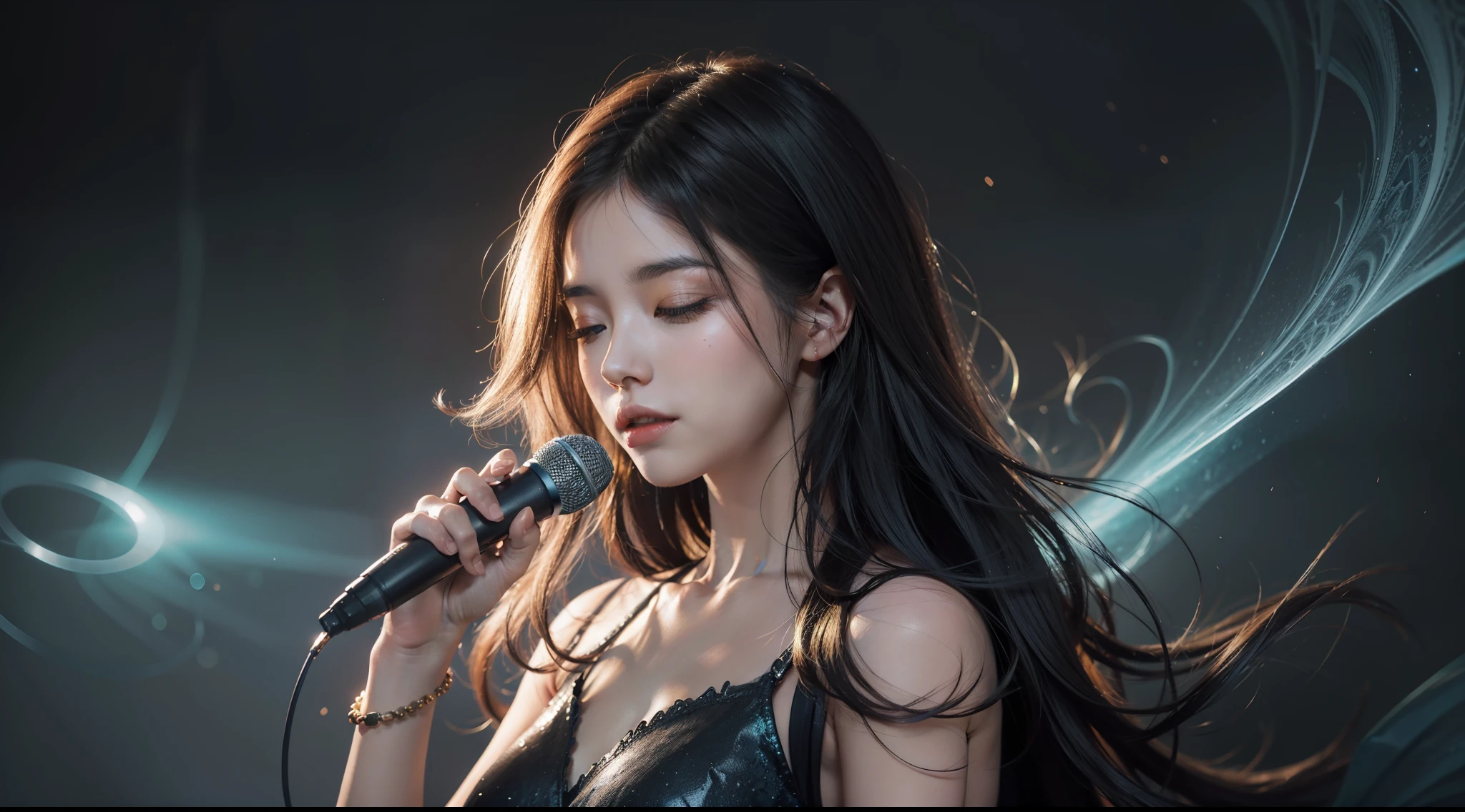 songstress、Beautiful adult woman with microphone、Chic dresses、No accessories、cabelos preto e longos、Close your eyes and sing passionately、The background is a cathedral in another world、Blood,Daytime, Dark, (Fantasy),infinite,deep blue sky,The abyss of knowledge、Super delicate CG Unity 32k wallpaper、​masterpiece, ((ultra-detailliert)), ((illustratio)),colourfull,wall-paper,The energy,Around the magic,Magical surroundings,Boken,Flying pages、Infinite wisdom、blue flames