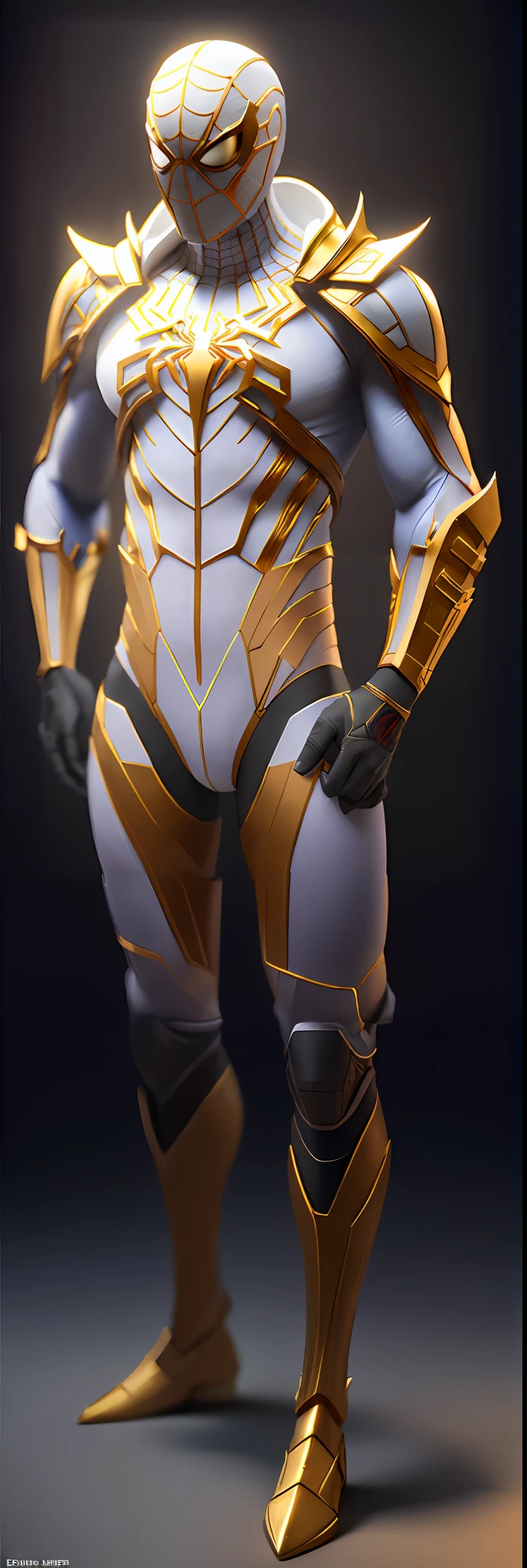 Men's full-body proportions,Normal leg and foot standing posture,Gender male,3D rendered character art 8K,Intricate white and gold armor,Complete samurai armor Spider-Man,high detail iconic character,