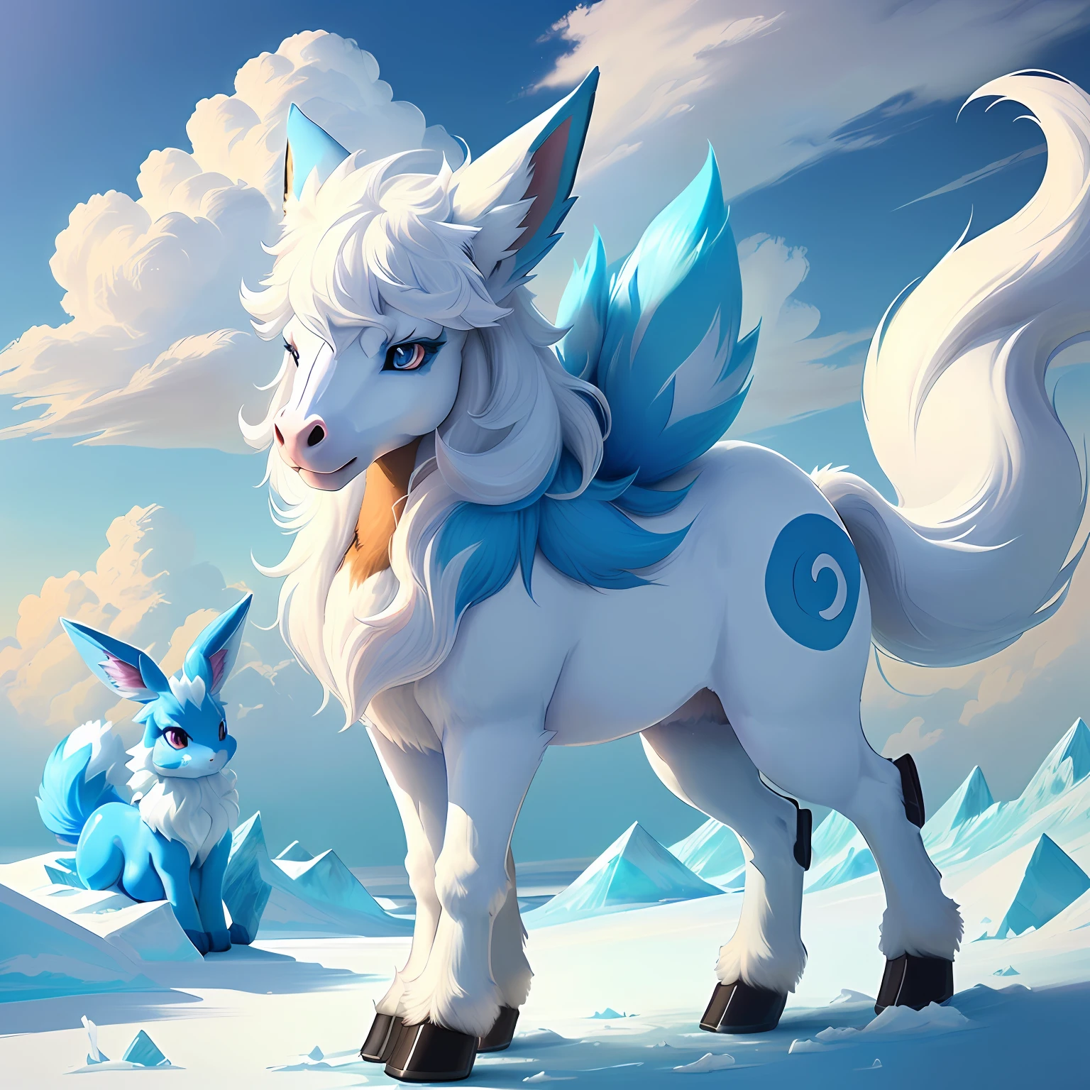 There is a white and blue horse,The mane is blue, Nine stories, new pokemon, style of cute pokemon, style of pokemon, Poofed fur mane, the fox-like evolution pokemon, melting into vulpix, Fluffy tail, cloud-like white hair, thick fluffy tail, Fluffy!!!, a glaceon ice princess, poofy, conceptual mystery pokemon