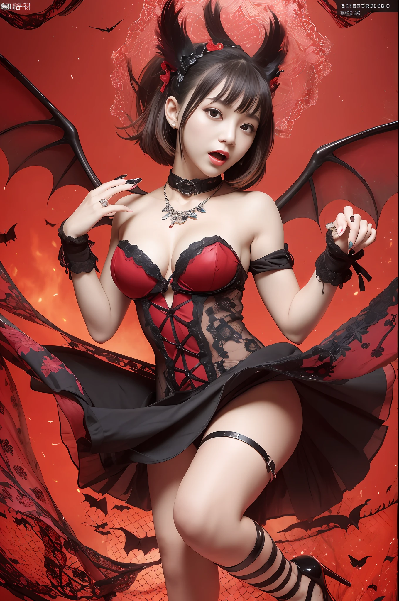 portrait of a full body、top-quality、hight resolution、Best Shadow、Red flames on moonlit forest background、Dark Fantasy、Japan Idols、Beautiful vampire girl、Red mouth、Beautiful fangs、Lonely face that captivates small beautiful viewers、Big red eyes、Black Lace Fabric Dress、a red choker、red bracelets、Red high heels、fishnet tights、beautifull hands、Beautiful Finger、Hourglass body、Colossal tits、spread large black feathers on the back,,,,,,,,,,,,,,,,,,,,A flock of bats、Girl wearing red flame on body、Vampire Fangs、short hair of red-brown color
