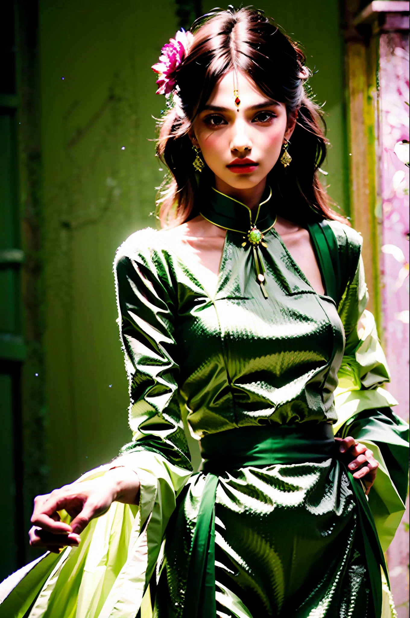 8k, photorealistic, high fashion, indian, modern, unique, flower dress, gown, skinny model, runway, conservative, regal, structured, conceptual, sculptured, green and pink