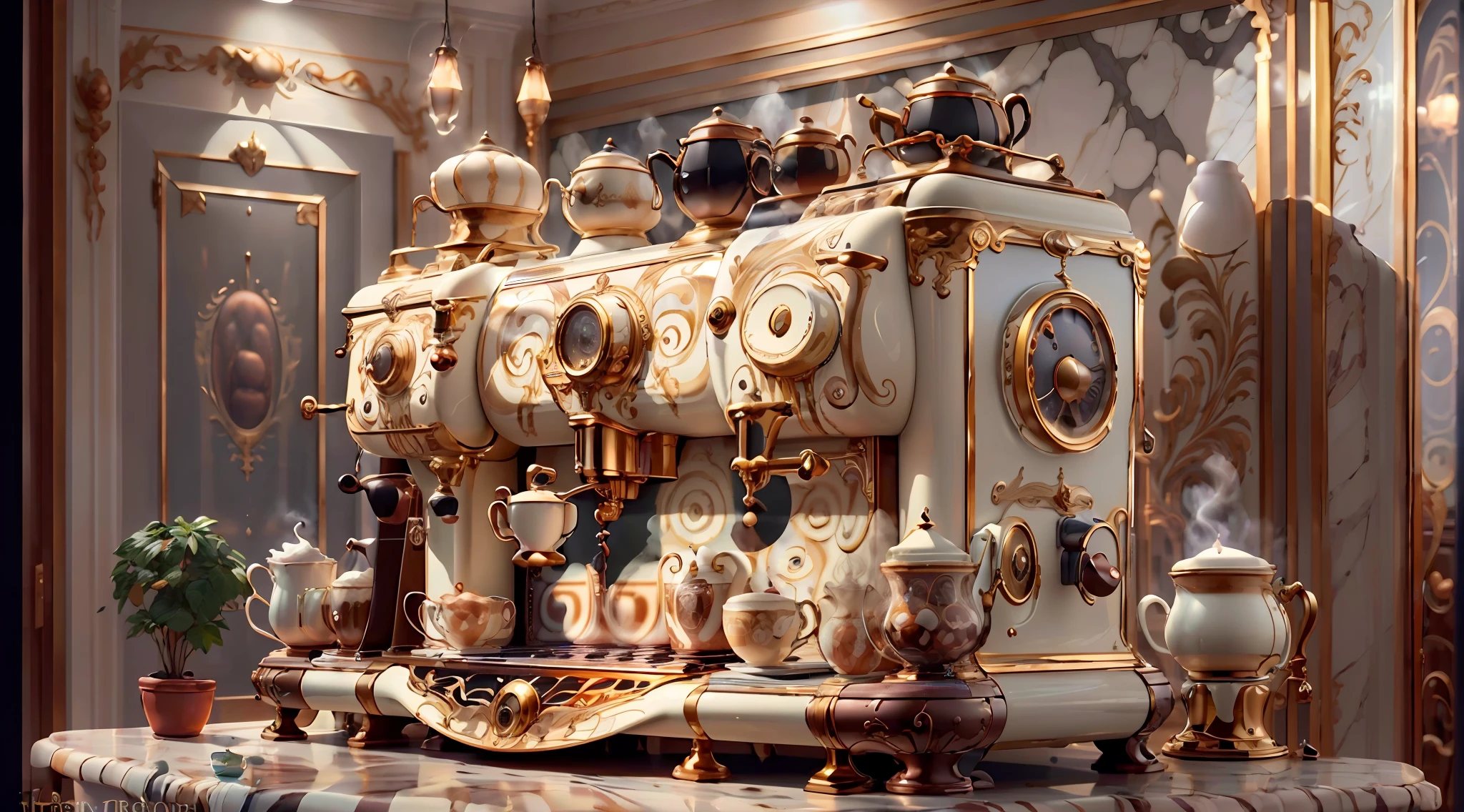 IvoryGoldAI coffee machine in the kitchen, ((Masterpiece)) HDR, High Resolution, high detailed, coffee shop, coffee beans, 8k