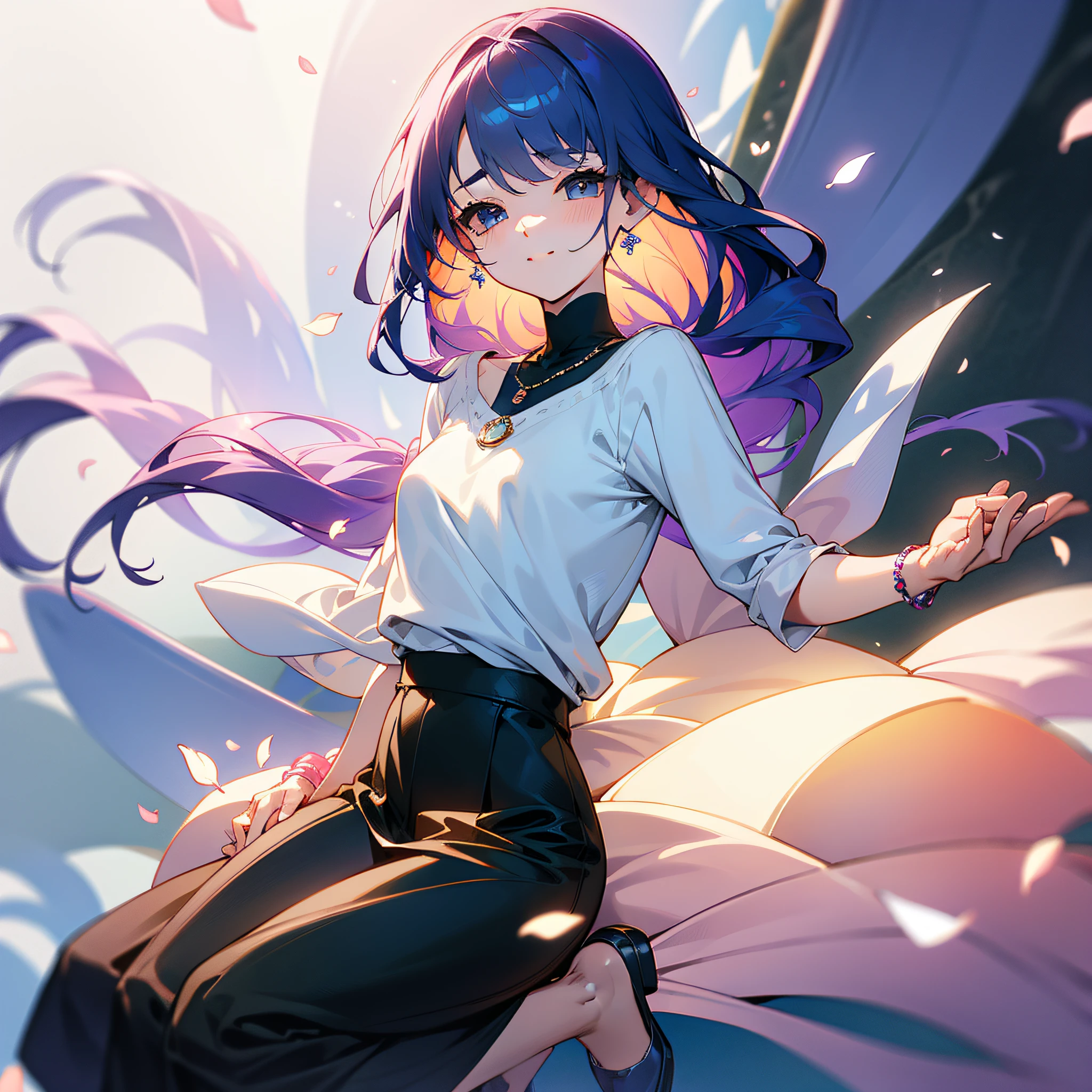 (Extreme Detail CG Unity 8K Wallpapers,tmasterpiece,Highest image quality),(Delicate light and shadow,The picture is highly dramatic,Cinematic lens effect),The familiar tsundere childhood sweetheart next door、Stand in the center of the picture、She has a beautiful and delicate face,Good looks,Delicate facial features。Big eyes of the water spirit、long eyebrow、Long colored hair、with fair and smooth skin、Healthy, youthful tone、Sweet smiling、Wear a comfortable shirt、Knitwear or T-shirts,Wear yours with a short or long skirt、Clothing colors favor soft and warm colors,For example, Light pink、pale-blue、Beige, etc,Wear small, delicate accessories,For example, Thin chain necklace、Small earrings or simple bracelets,Wear comfortable and stylish shoes,Love flats、Small white shoes、Chips dropped by petals、a sense of atmosphere、中景 the scene is、full bodyesbian