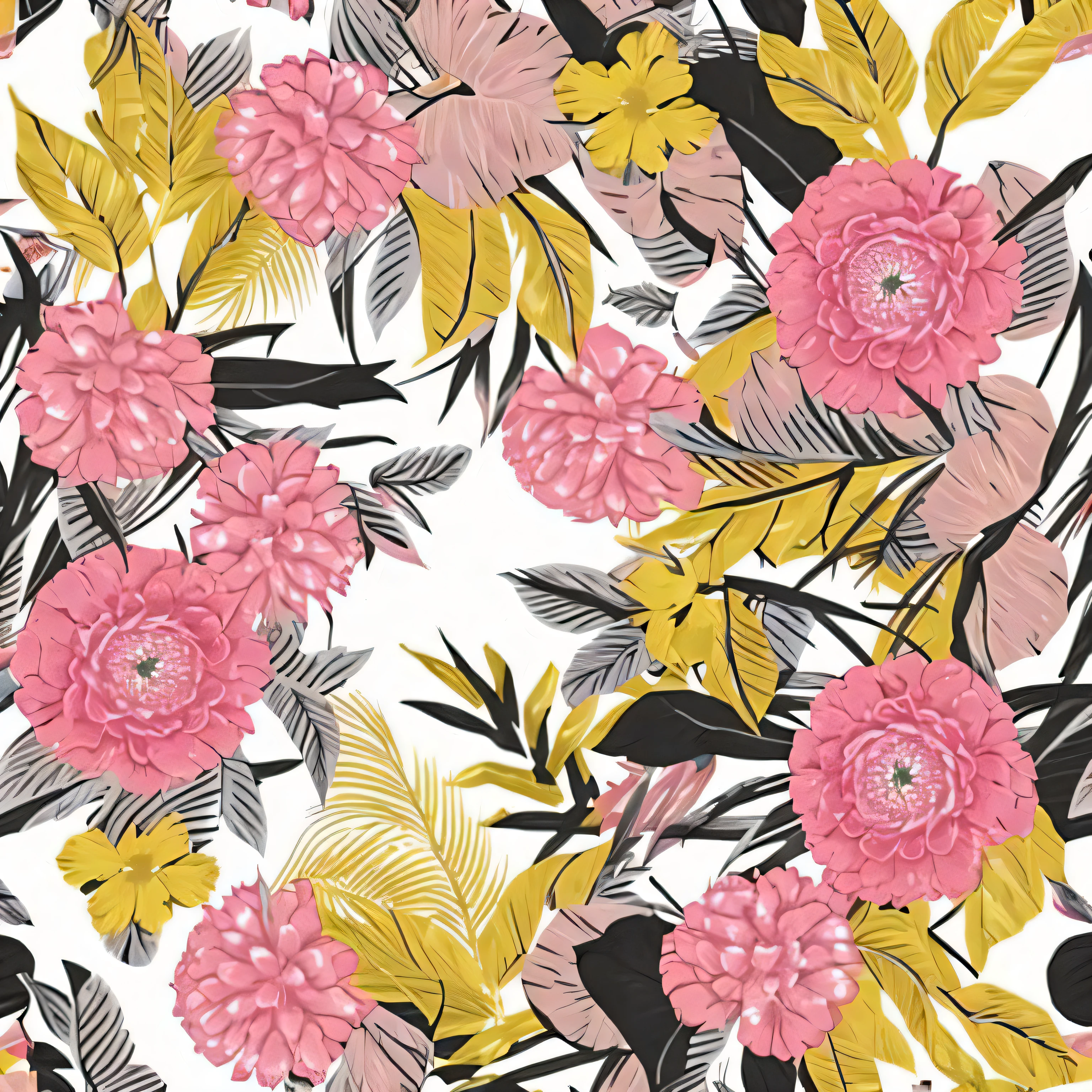 A yellow and pink pattern with flowers on white background