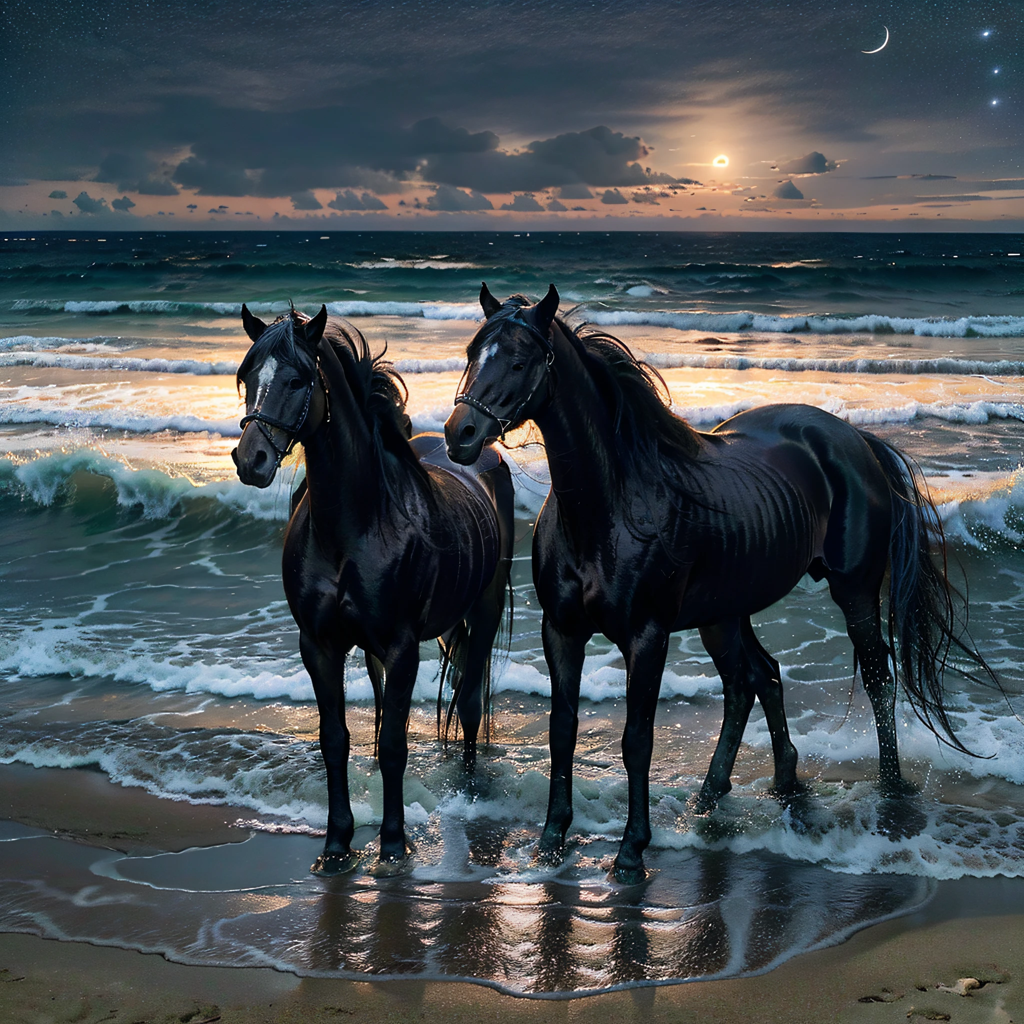 Black horses and the sea in the background、A horse standing on the sandy beach at night。