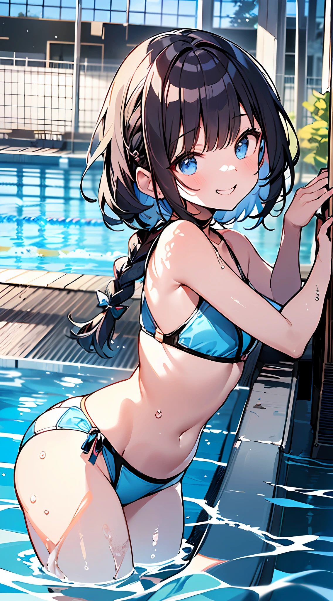 (Incredibly ridiculous absolute resolution:1.5)、hiquality、top-quality、masuter piece、Anime girl in light blue and white bikini, 魅惑的、Anime , 8k Manga Wallpapers, Smile、Shy laughter、((small curvy loliretty anime girl,((swimming pools))、(Medium Shorthair)、(short braided hair)