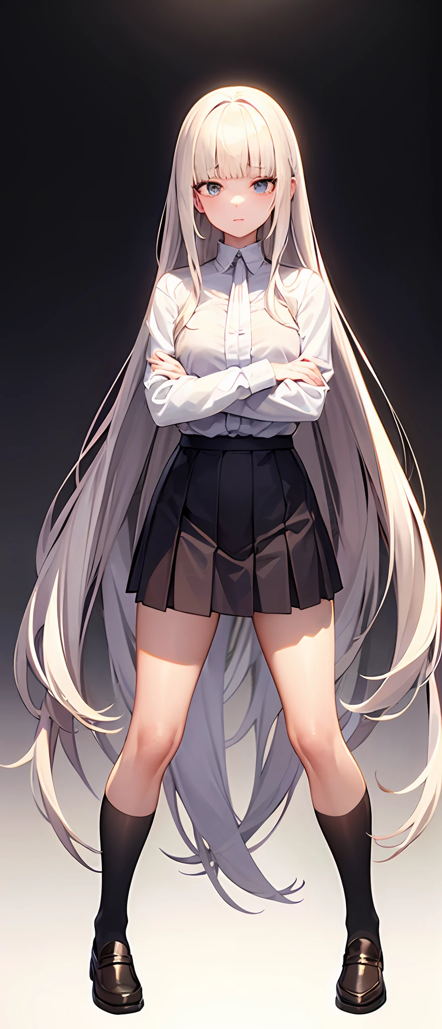 best quality,masterpiece,white background,white shirt,short pleated skirt,whole body,Fair skin,blunt bangs,gladient hair,loosen clothing around the neck,folding arms,look down on,standing up,extremely long hair,spreading hair,ivory hair,spreading legs,loafers,black over-knee socks