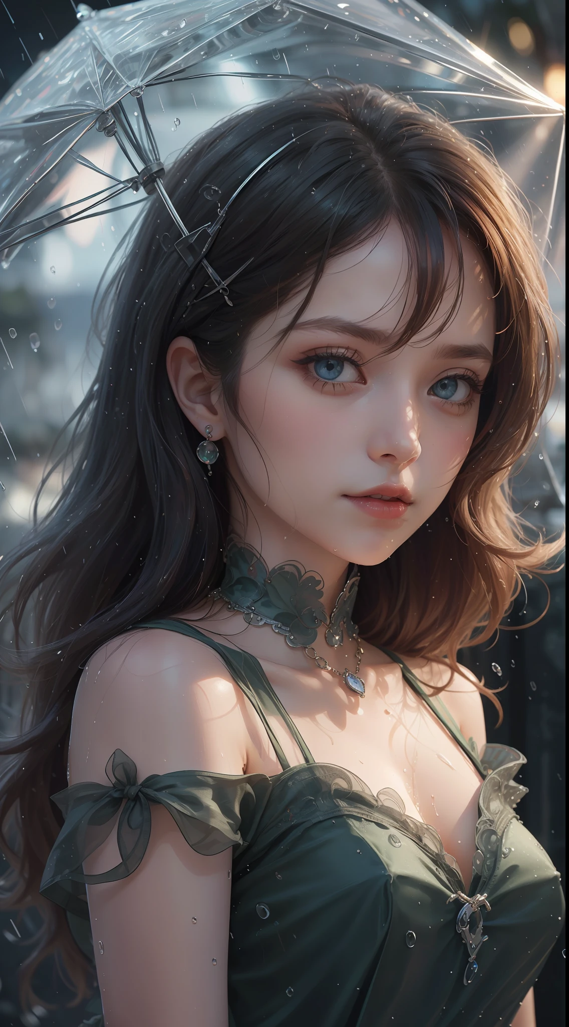 8K ultra hd, masterpiece, ultra quality, a cute girl, cute face, detailed eyes, detailed lip, medium breathe, dress, green dress, beautiful dress, rain effect, wet, evening time, dim light, upper body capture, whole body capture,