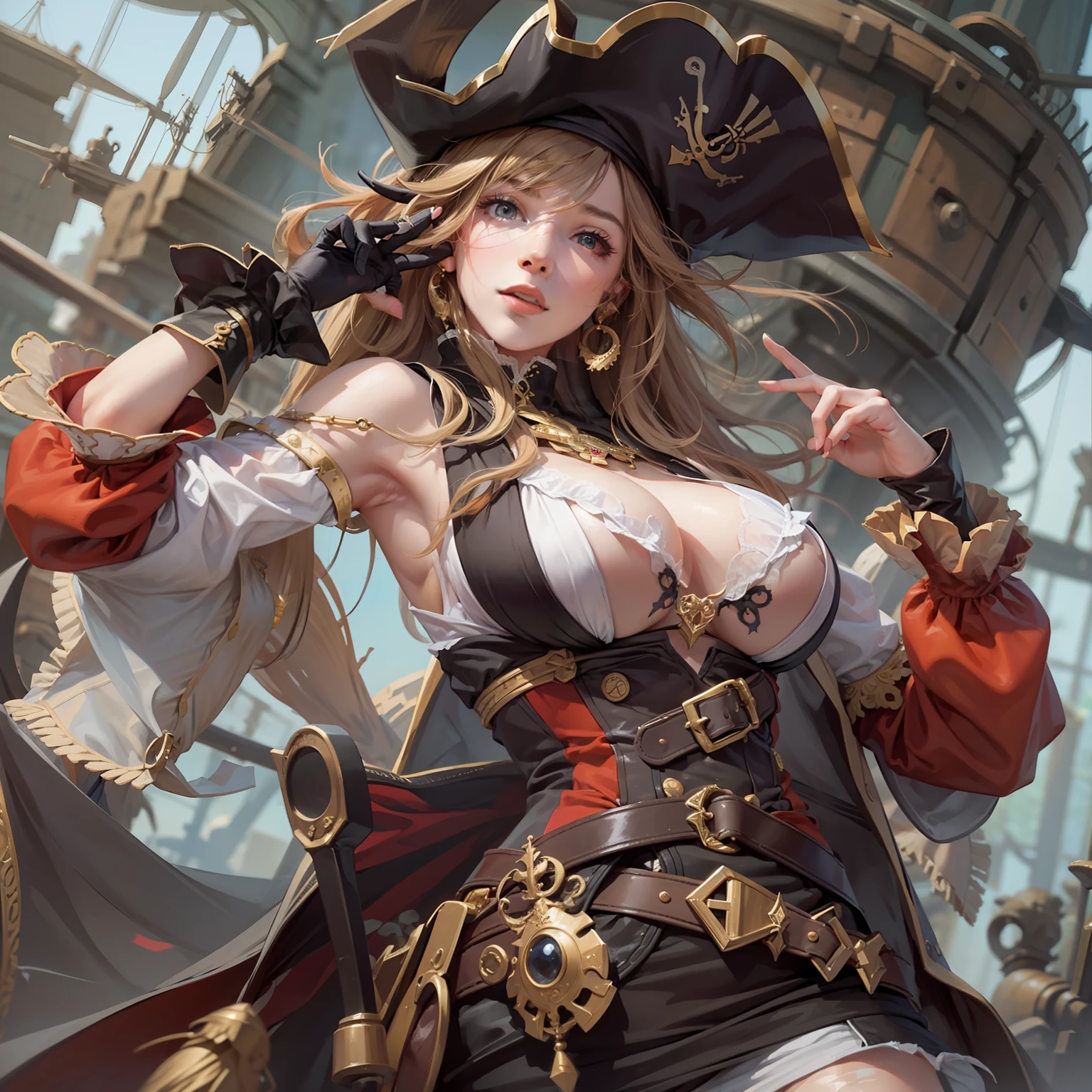 (best quality), (masterpiece), (1girl), solo, beautiful girl, perfect face, perfect body, big breast, pirate costume, cool pose