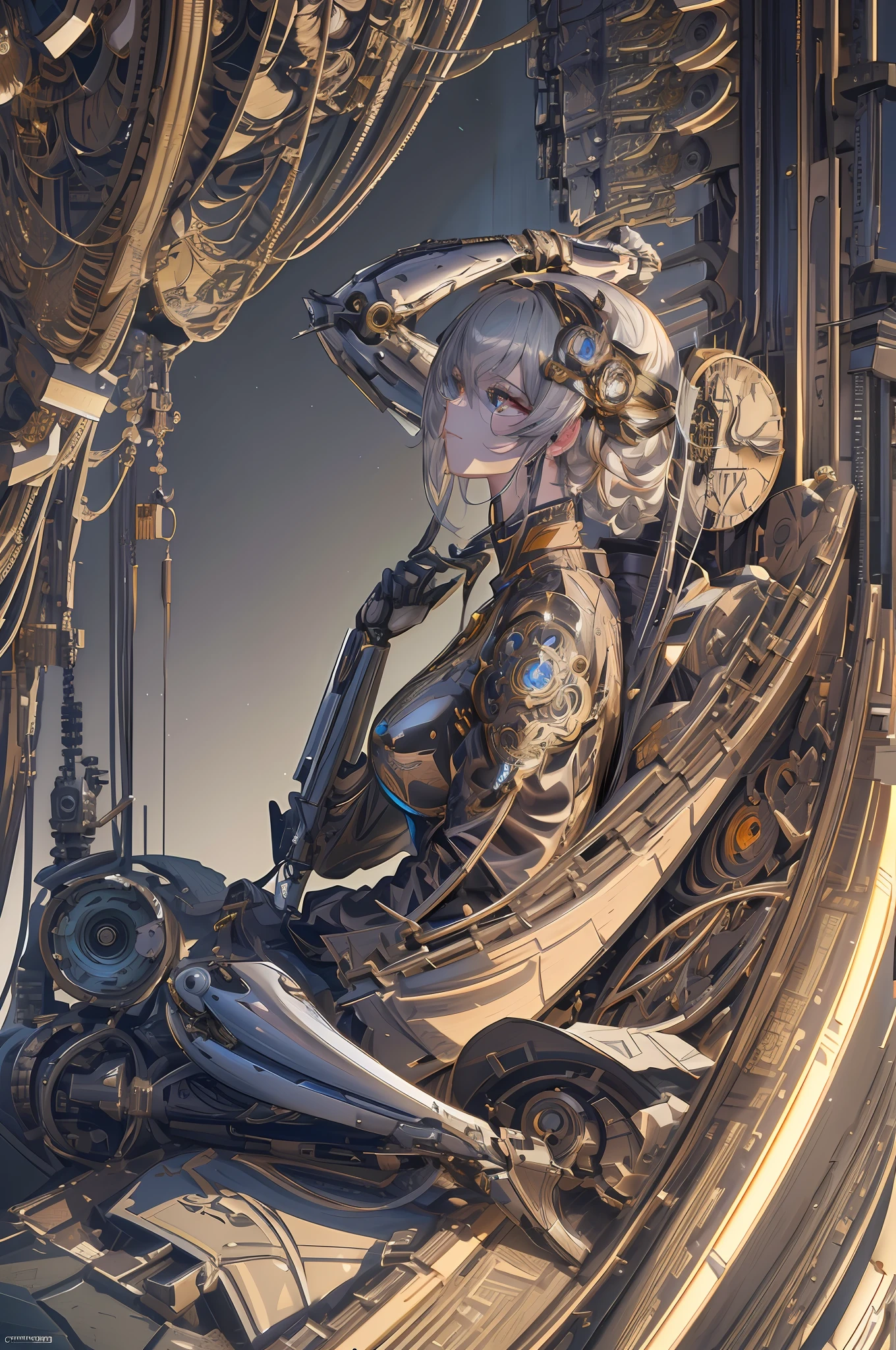 There is a woman sitting on a chair,Holding a clock in his hand, 4k highly detailed digital art, portrait of a mechanical girl, intricate ornate anime cgi style, Detailed digital anime art, perfect anime cyborg woman, Guweiz on ArtStation Pixiv, cyberpunk anime girl mech, 4K detailed digital art, cyborg - girl with silver hair, intricate wlop