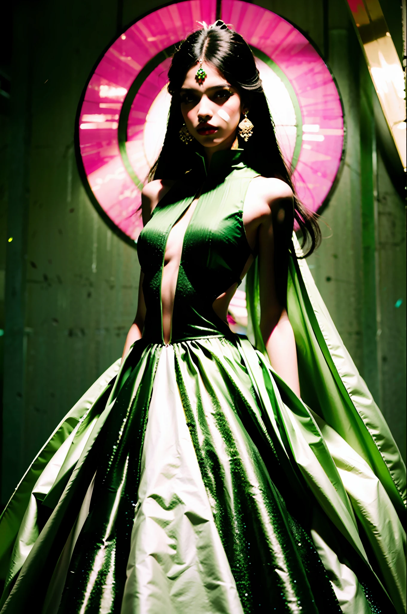 8k, photorealistic, futuristic, high fashion, indian, modern, unique, flower dress, gown, skinny model, runway, conservative, regal, structured, conceptual, sculptured, green and pink