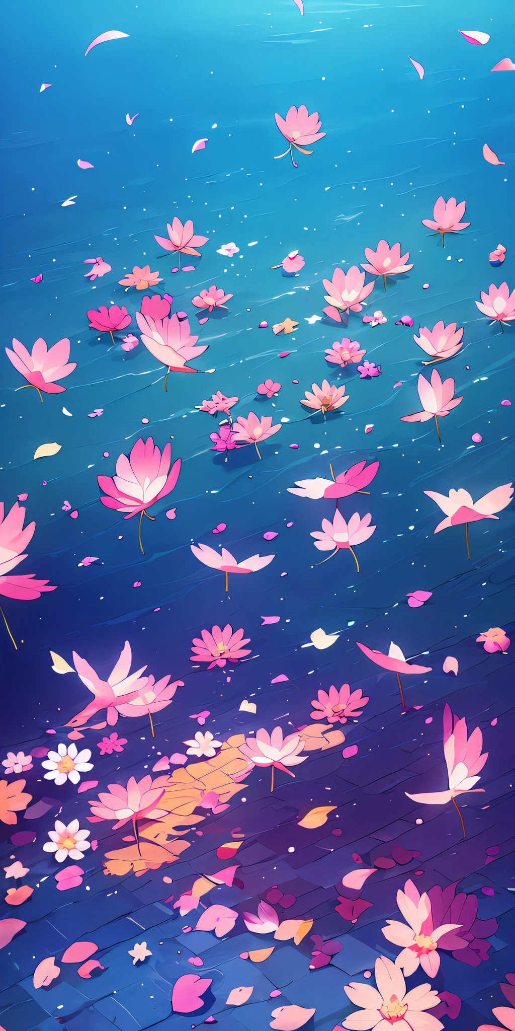tmasterpiece,best qualtiy,(Very detailed CG unity 8k wallpaper)(best qualtiy),(Most Best Illustration),(best shadow)Nature',Blue sea,Delicate leaves of various colors fall under the light of the air tracking,ultra-detailliert