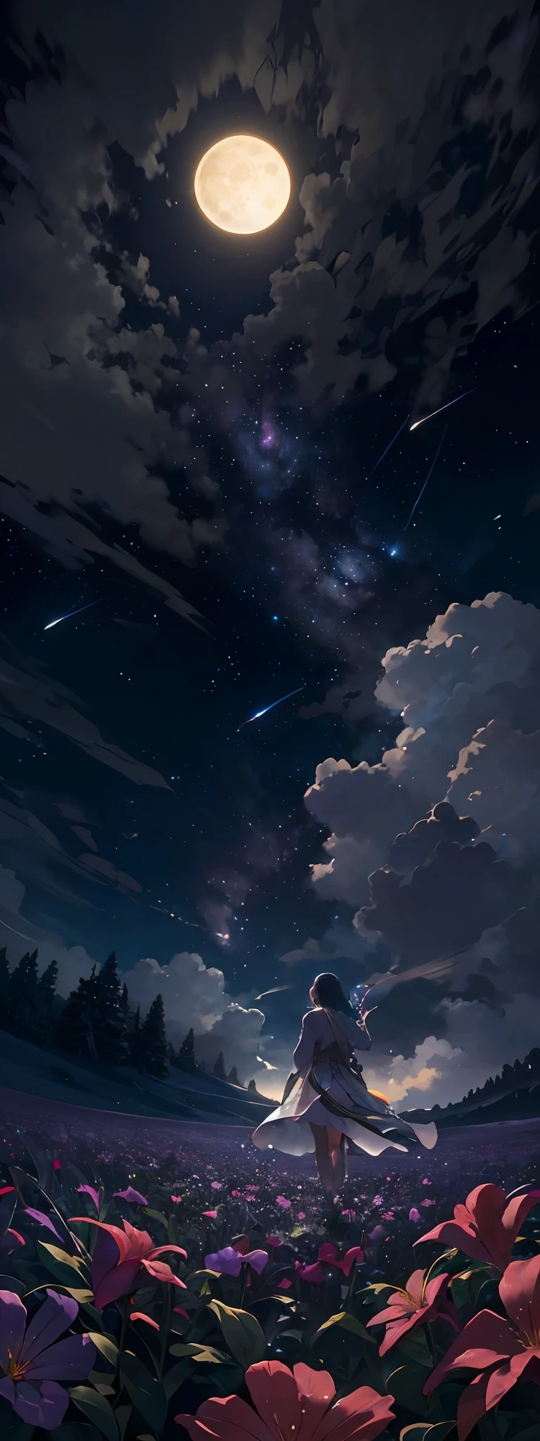 expansive landscape photograph , (a view from below that shows sky above and open field below), a girl standing on flower field looking up, (full moon:1.2), ( shooting stars:0.9), (nebula:1.3), distant mountain, tree BREAK
production art, (warm light source:1.2), (Firefly:1.2), lamp, lot of purple and orange, intricate details, volumetric lighting, realism BREAK
(masterpiece:1.2), (best quality), 4k, ultra-detailed, (dynamic composition:1.4), highly detailed, colorful details,( iridescent colors:1.2), (glowing lighting, atmospheric lighting), dreamy, magical, (solo:1.2)