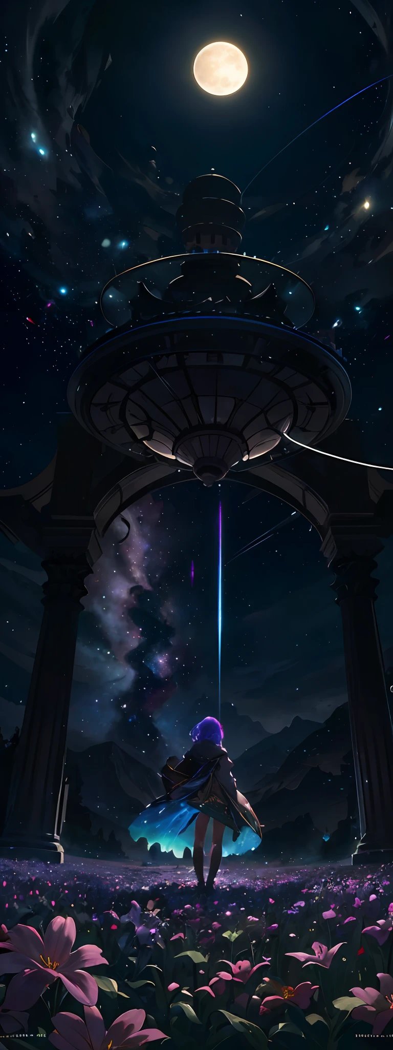 expansive landscape photograph , (a view from below that shows sky above and open field below), a girl standing on flower field looking up, (full moon:1.2), ( shooting stars:0.9), (nebula:1.3), distant mountain, tree BREAK
production art, (warm light source:1.2), (Firefly:1.2), lamp, lot of purple and orange, intricate details, volumetric lighting, realism BREAK
(masterpiece:1.2), (best quality), 4k, ultra-detailed, (dynamic composition:1.4), highly detailed, colorful details,( iridescent colors:1.2), (glowing lighting, atmospheric lighting), dreamy, magical, (solo:1.2)