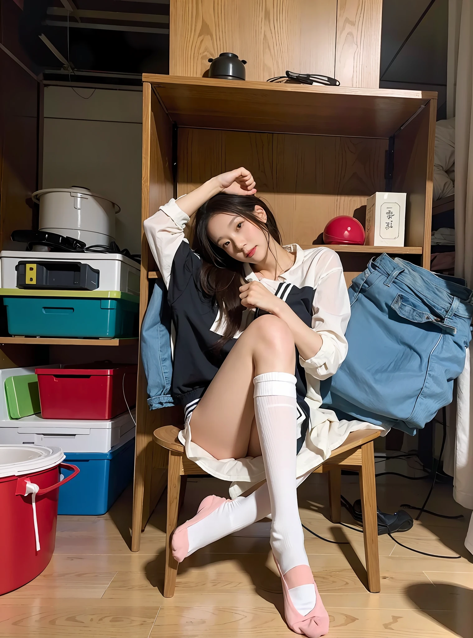 best qualtiy,tmasterpiece,超高分辨率,(realisticlying:1.4),s girl,Juvenile, Thin and light,Legs crossed,white short socks