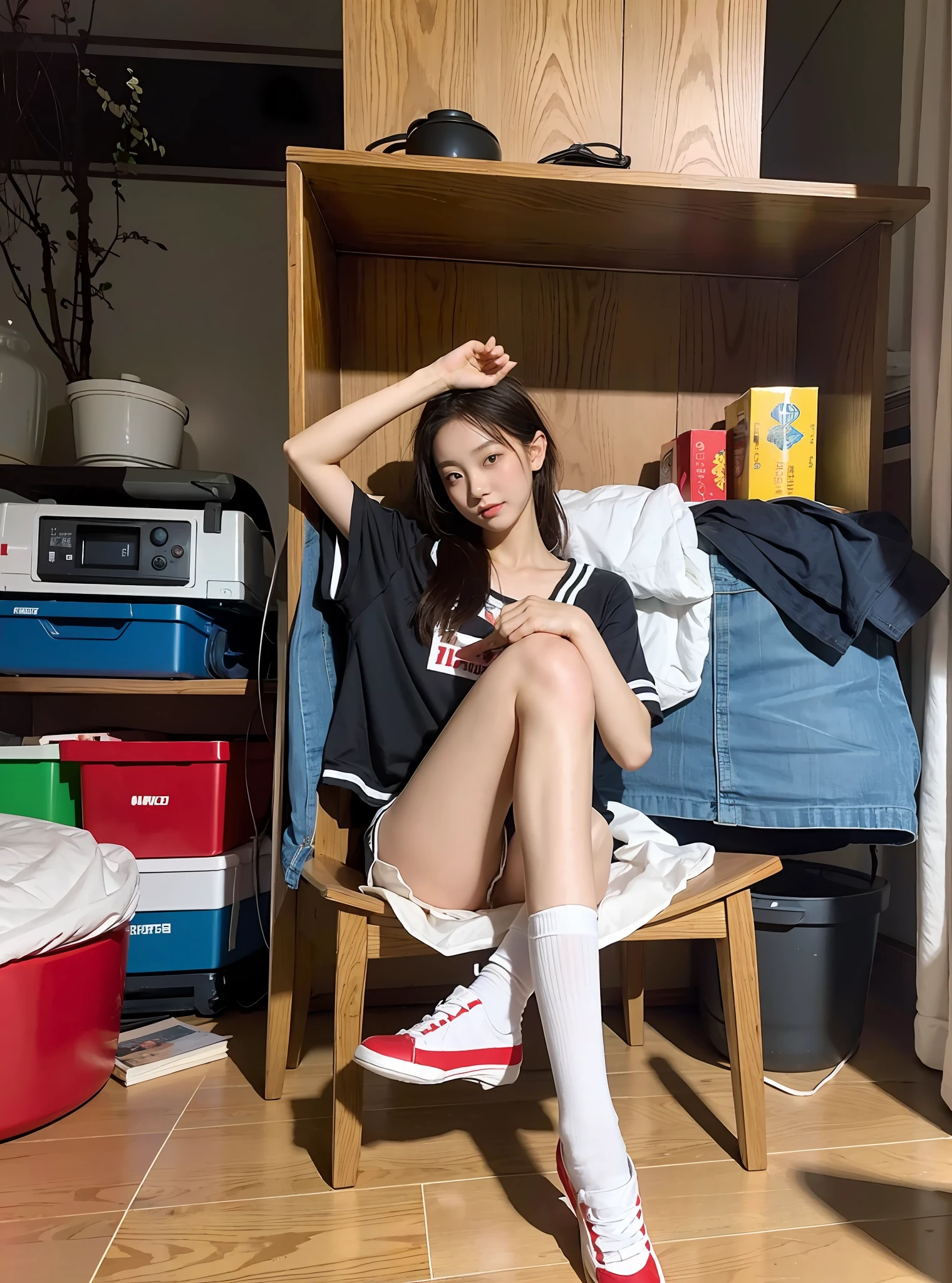 best qualtiy,tmasterpiece,超高分辨率,(realisticlying:1.4),s girl,Juvenile, Thin and light,Legs crossed,white short socks