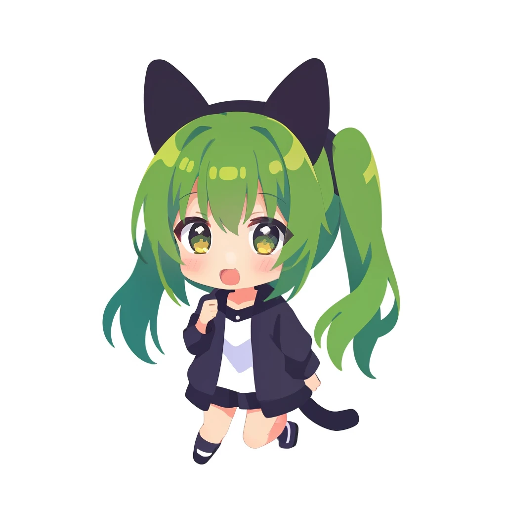 超A high resolution, nffsw, Best aesthetic, Best Quality, masutepiece, ik1、Full body depiction, Giving gifts、1girl in、Jade-colored jacket、cartoon bone、Chibikyara, Green Hair Anime Girl, flat anime style,  Black cat ears, Anime girl with black cat ears, digital anime illustration,  Plain white background