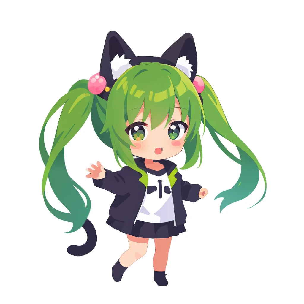 超A high resolution, nffsw, Best aesthetic, Best Quality, masutepiece, ik1、Full body depiction, Giving gifts、1girl in、Jade-colored jacket、cartoon bone、Chibikyara, Green Hair Anime Girl, flat anime style, Black cat ears, Anime girl with black cat ears, digital anime illustration, Plain white background