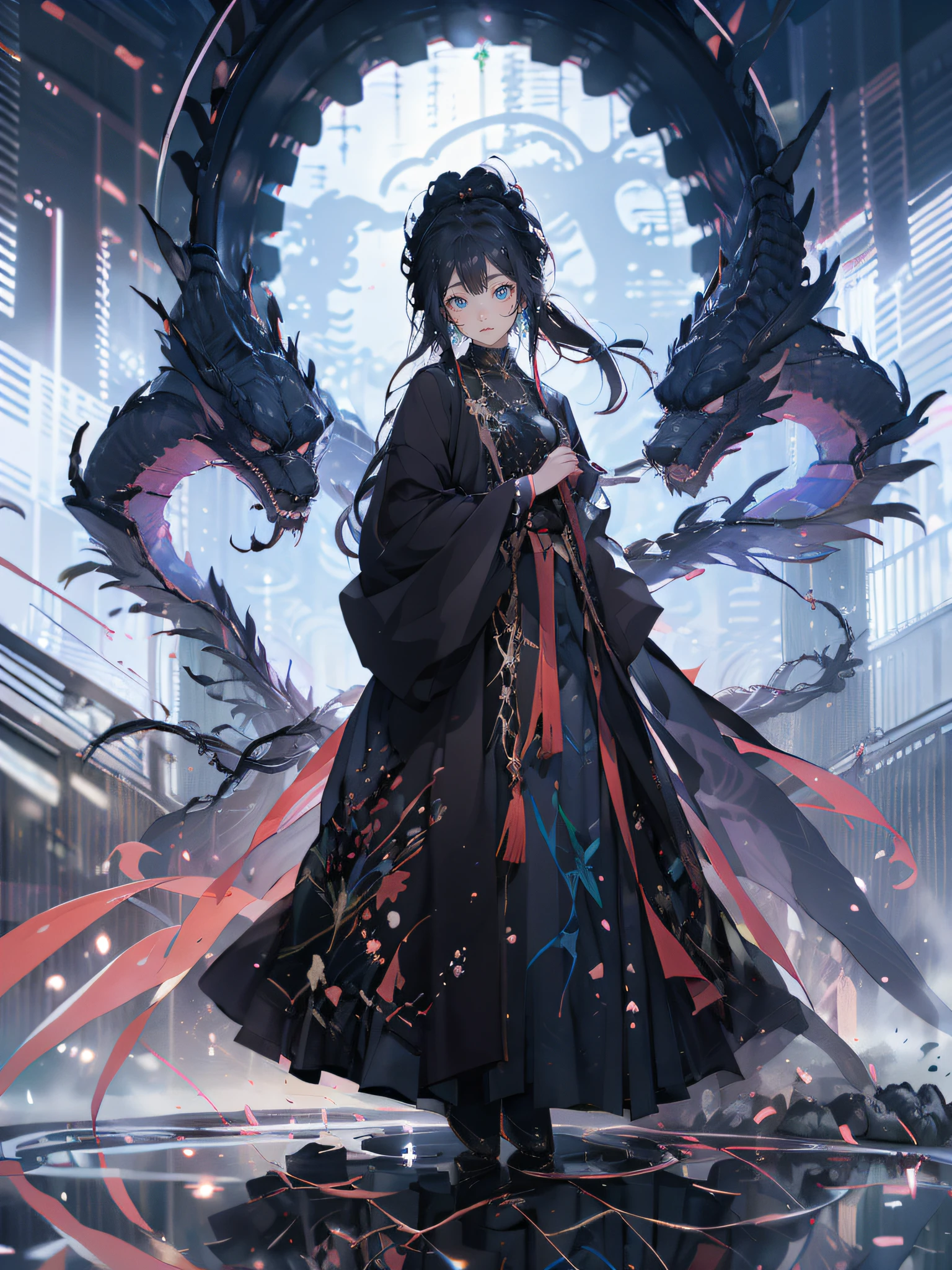 Blue-haired side ponytail,Design clothing,Seven-doppelganger shot,Anime style 4K,Anime girl with teal hair,High quality anime art style,Standing painting,Splash ink background,Blue Themes。