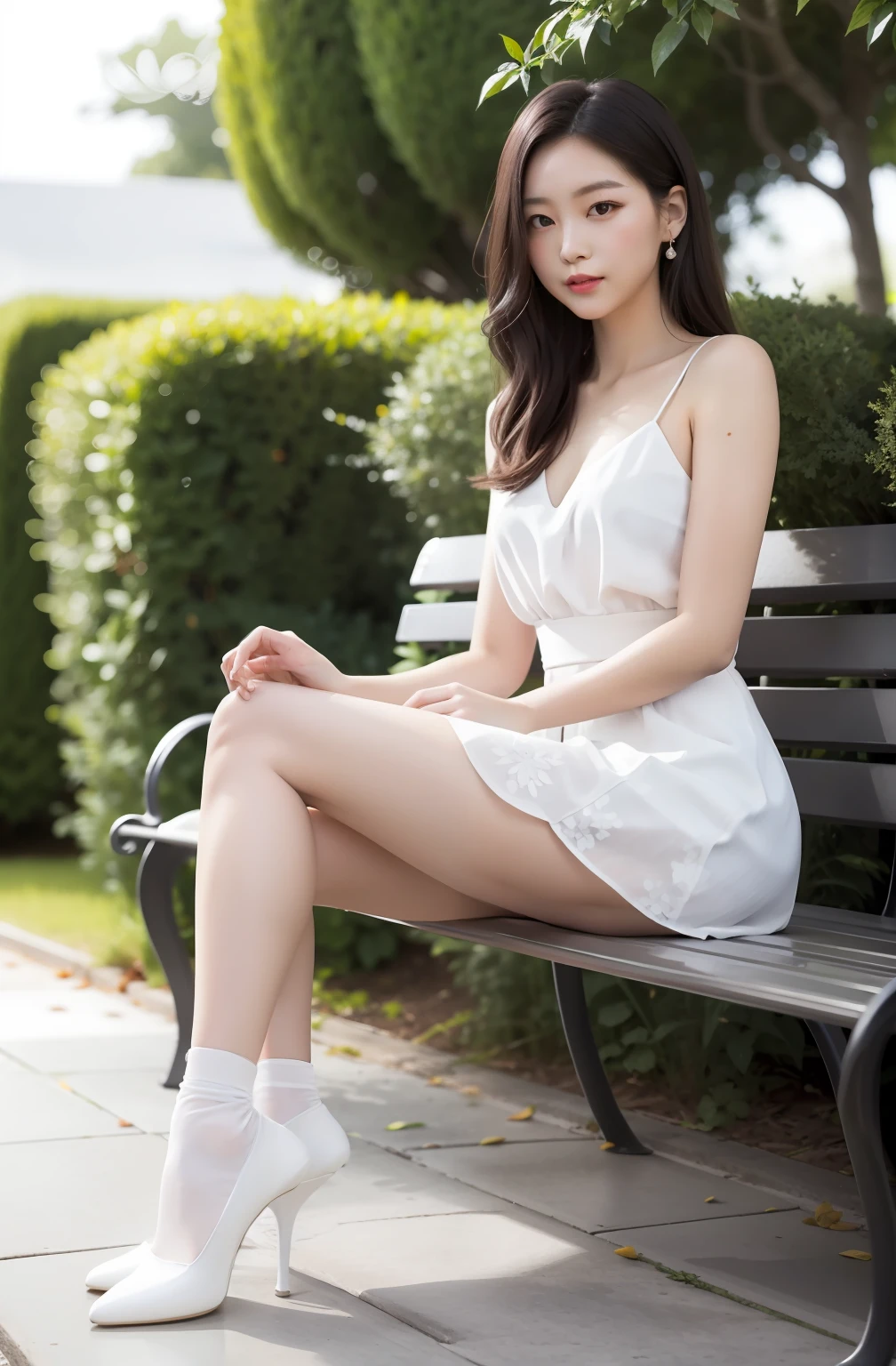 Woman in white dress sitting on a bench in front of bushes, wearing white clothes, wearing white skirt, dressed in a beautiful white, very beautiful slim legs, white skirt and barechest, wearing a wet white short dress, Dressed in white, Beautiful slim legs, gorgeous chinese models, Beautiful legs, cute elegant pose, wearing a cute white dress，Real human skin，Very high heels，realskin，grey socks