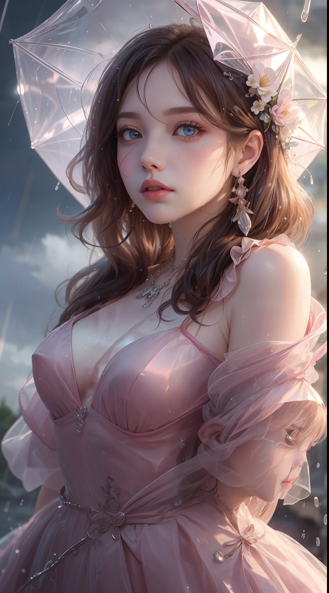 8K ultra hd, masterpiece, ultra quality, a cute girl, cute face, detailed eyes, detailed lip, medium breathe, dress, shining pink dress, beautiful dres, rain effect, wet, evening time, dim light, upper body capture, whole body capture,