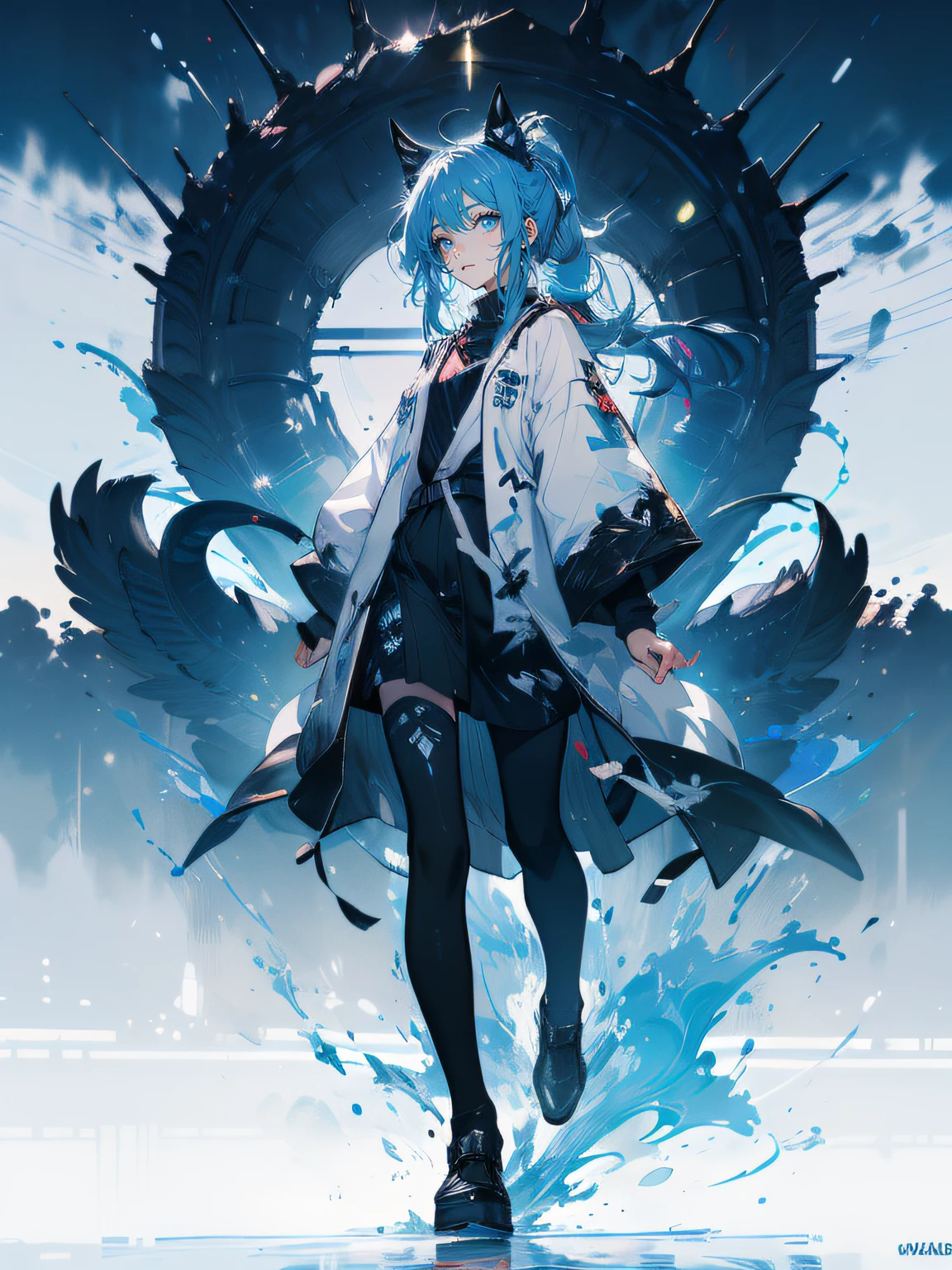 Blue-haired side ponytail，Design clothing，Seven-doppelganger shot，Anime style 4K，Anime girl with teal hair，High quality anime art style，Standing painting，Splash ink background，Blue Themes。