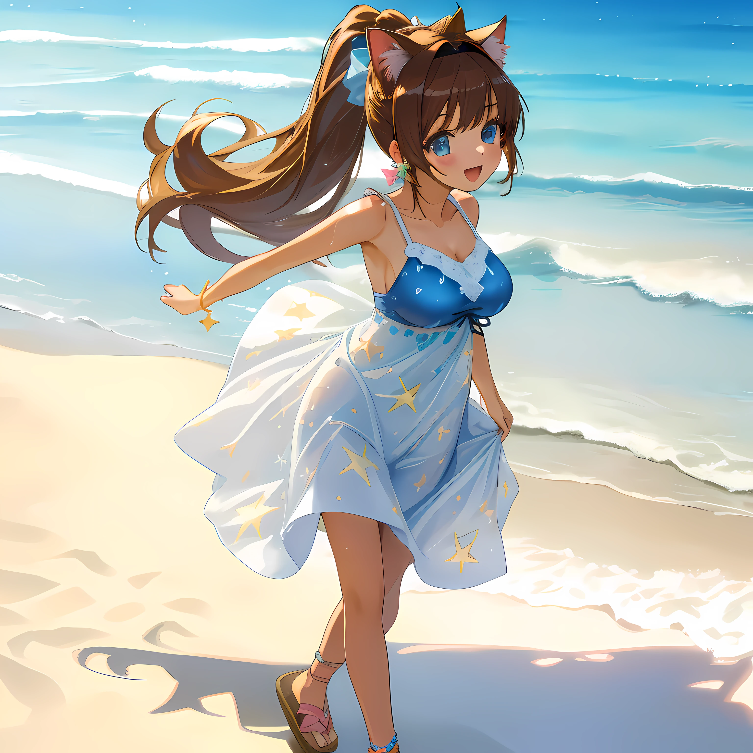 (Highly detailed CG Unity 8k wallpaper), (Best Quality), (Super Detail), (Best Illustration), (Best Shadow), POV, Realistic lighting and shading, Natural light, Lens flare effect, BREAK, 1 beautiful girl, Solo,(Cute:1.5),(Chibi:0.8), (kawaii:1.5),(Lori:0.5), BREAK,  ( (17 years old girl), Very detailed, colourfull, highest details, BREAK, (Huge breasts: 1. 2,), Clear skin, Beautiful skin, Shy skin, 1 beautiful girl, Brown hair, (Cat ears, Ponytail, medium-Long hair: 1. 2), (Light blue eyes, long eyelashes, Double eyelids: 1. 2), Solo,  gleaming skin, BREAK,(Wet Casual Beachwear:1.2), (lightweight summer one-piece dress:1.2), (a straw fedora hat:1.0), (flipflops:1.0), (star-shaped earring:1.1), (Lace headband:1.0), (Cute Accessories:1.3), (self-satisfied look :D:1.1), (Casual pose, Walking:1.3), (Beach background:1.3), (Holding a large float with both arms:1.1), BREAK,🌇,