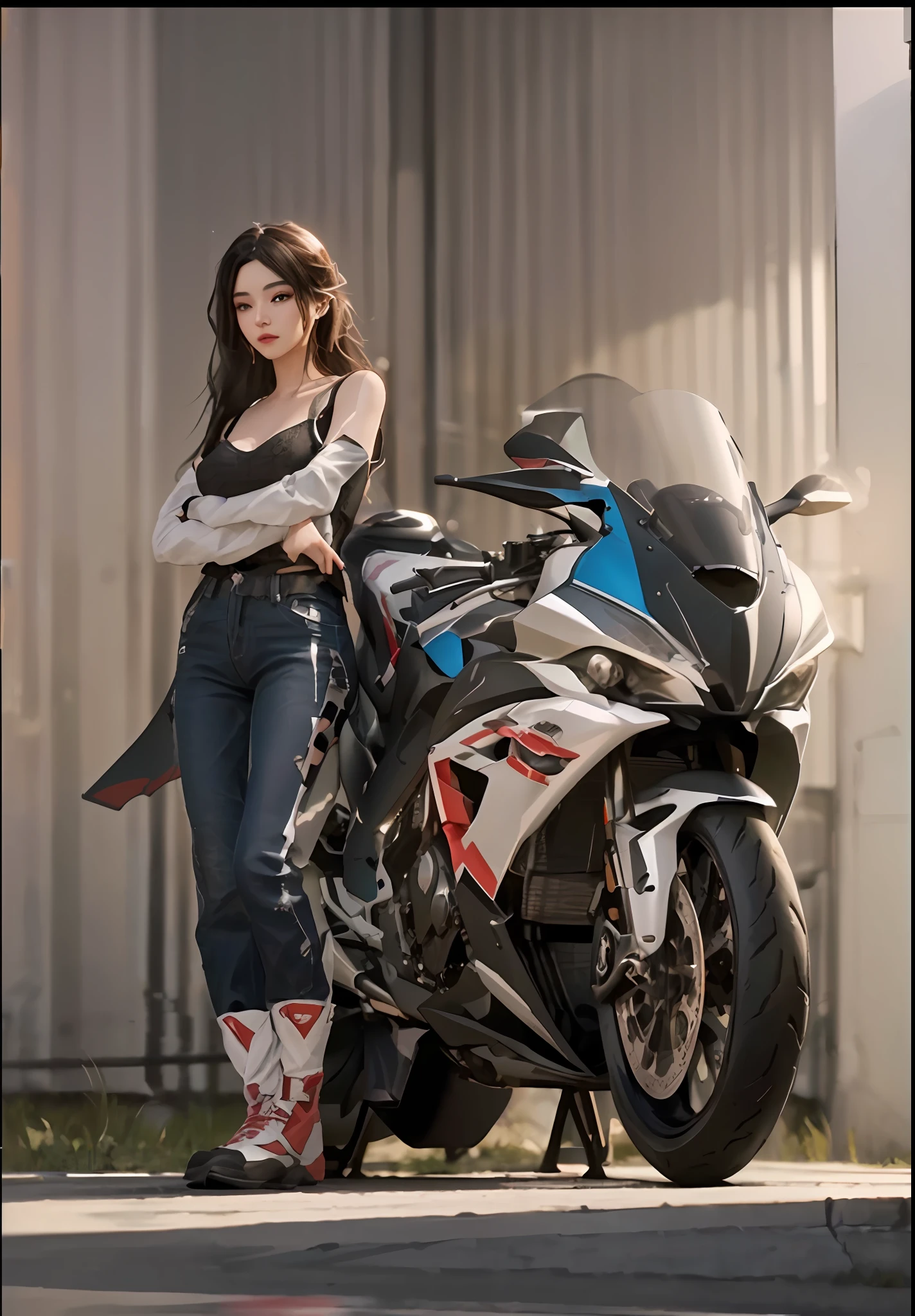 Arapei poses next to a motorcycle in front of the building, sitting on cyberpunk motorbike, Realistic 3D style, motorcycle, photorealistic art style, realistic art style, IG model | Art germ, Guviz-style artwork, 3D, Female action girl