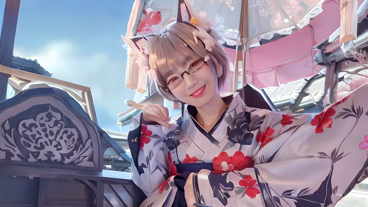 Japan Vibes, Asian hair, short hair, glasses, traditional dress, realistic, ultra quality, ultra detail, cute face, cat ear, with beautiful smile