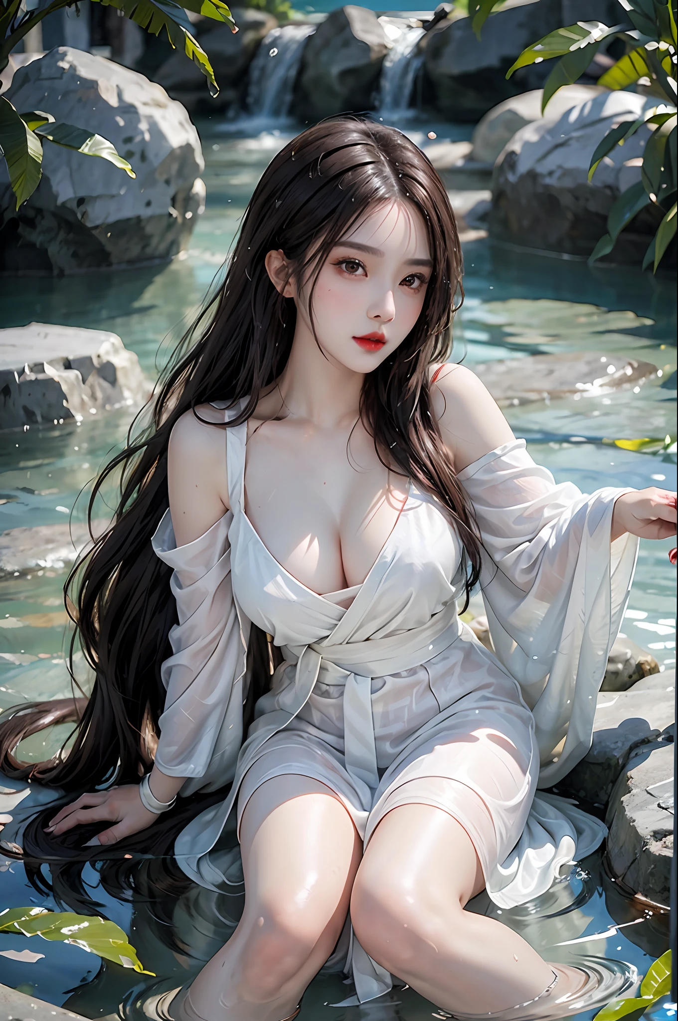 masterpiece,high quality,high-definition,extremely detailed,1girl, detailed eyes, detailed face, large breast,brown eyes,hanfu, red lips,bare shoulders,in water,fine water surface,wet,transparent,full body,