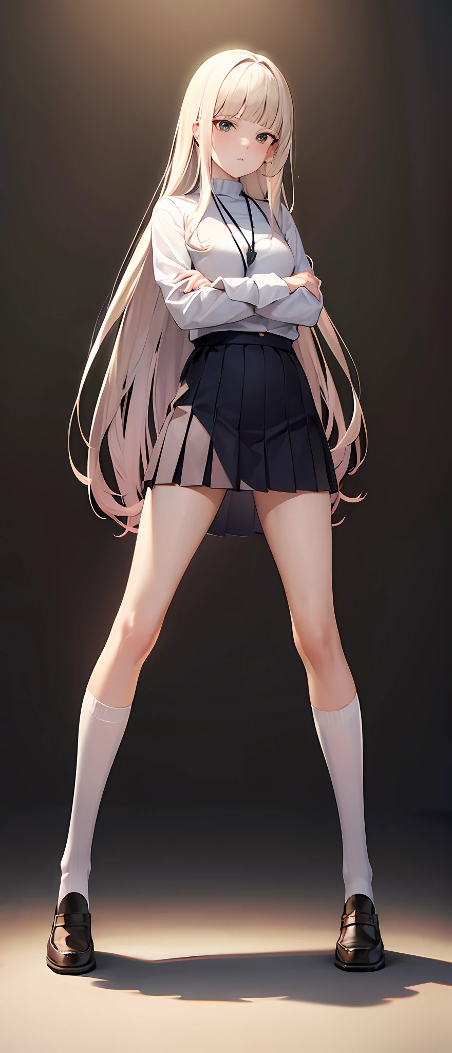 best quality,masterpiece,white background,white shirt,short pleated skirt,whole body,Fair skin,blunt bangs,gladient hair,loosen clothing around the neck,folding arms,look down on,standing up,extremely long hair,spreading hair,ivory hair,spreading legs,loafers,over knee socks,black socks