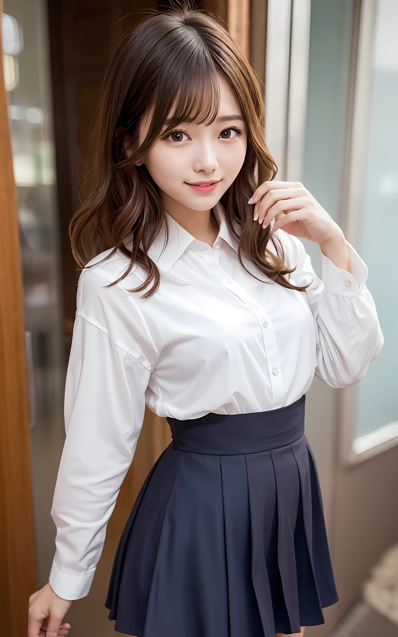 masterpiece、top-quality、Official art、Highly detailed CG Unity 8K wallpapers、Like a girl、a very delicate and beautiful、超A high resolution、(Photorealsitic:1.4)、Golden Hour Lighting、(The upper part of the body)、(Platinum Shorthair:0.8)、(Puffy eyes)、looking at the viewers、facing the front there、Laughing、JK Skirt、robe blanche、shirts lift、bangss、brown hair with wavy tips、