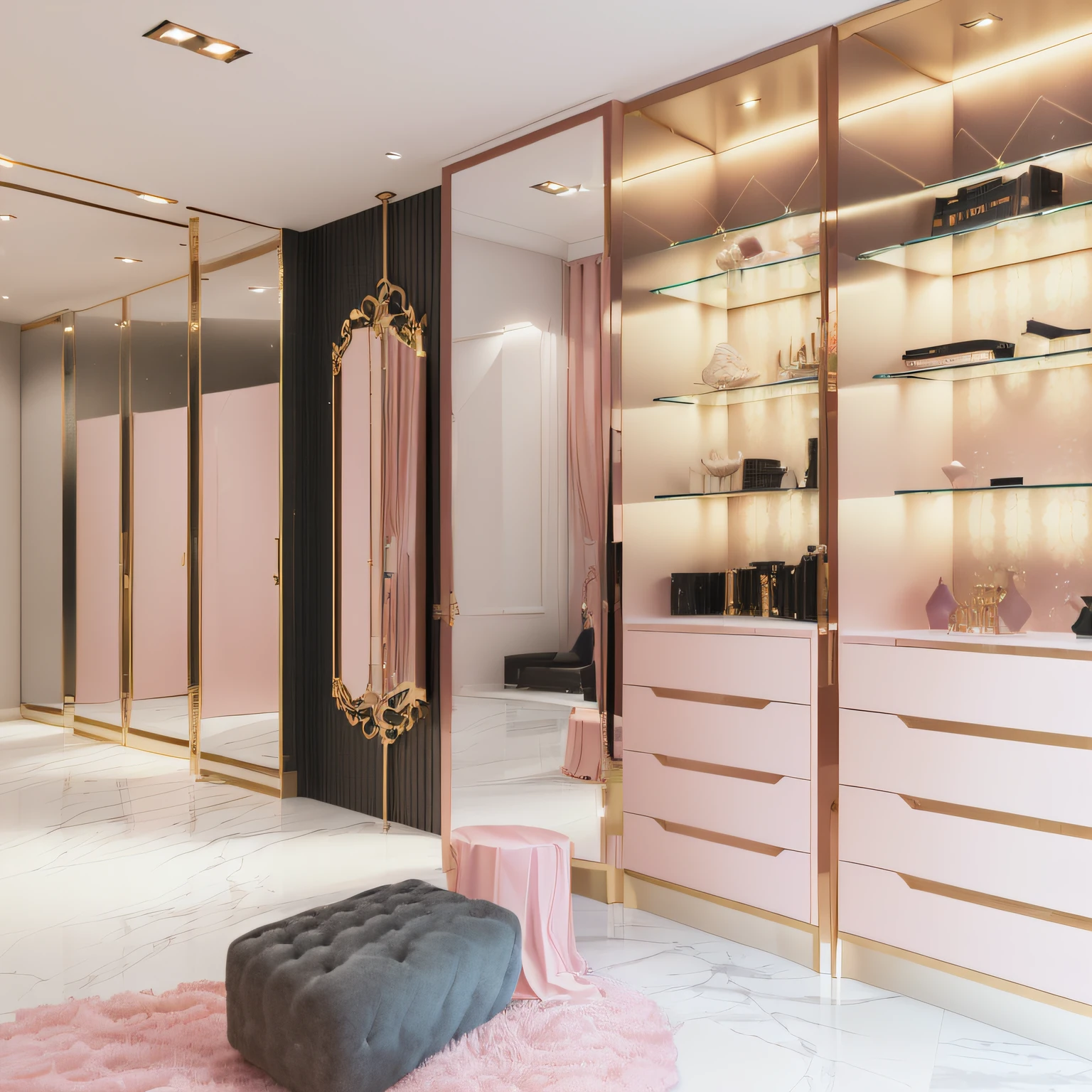 There is a room with many pink cabinets and a pink mirror, guarda-roupa elegante rosa , guarda-roupa futurista elegante, in style of 3d render, high quality 3d render, high quality 3d render, 3 d product render, Professional 3D rendering, mirror and glass surfaces, visual moderno, product render, ouro e materiais de luxo, Directed by: Robert Koehler, precise architectural rendering, piso rosa, tapete rosa, parede rosa, gavetas rosas, luzes rosas