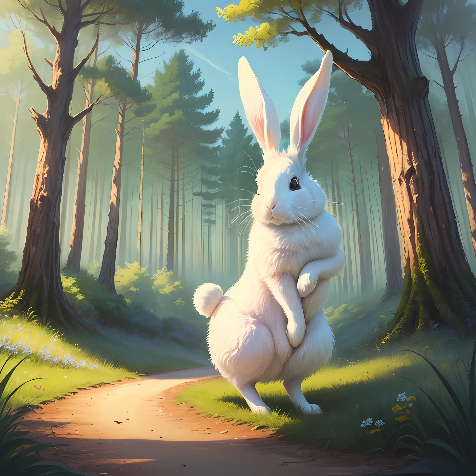 white rabbit, cartoon style, forest in the background