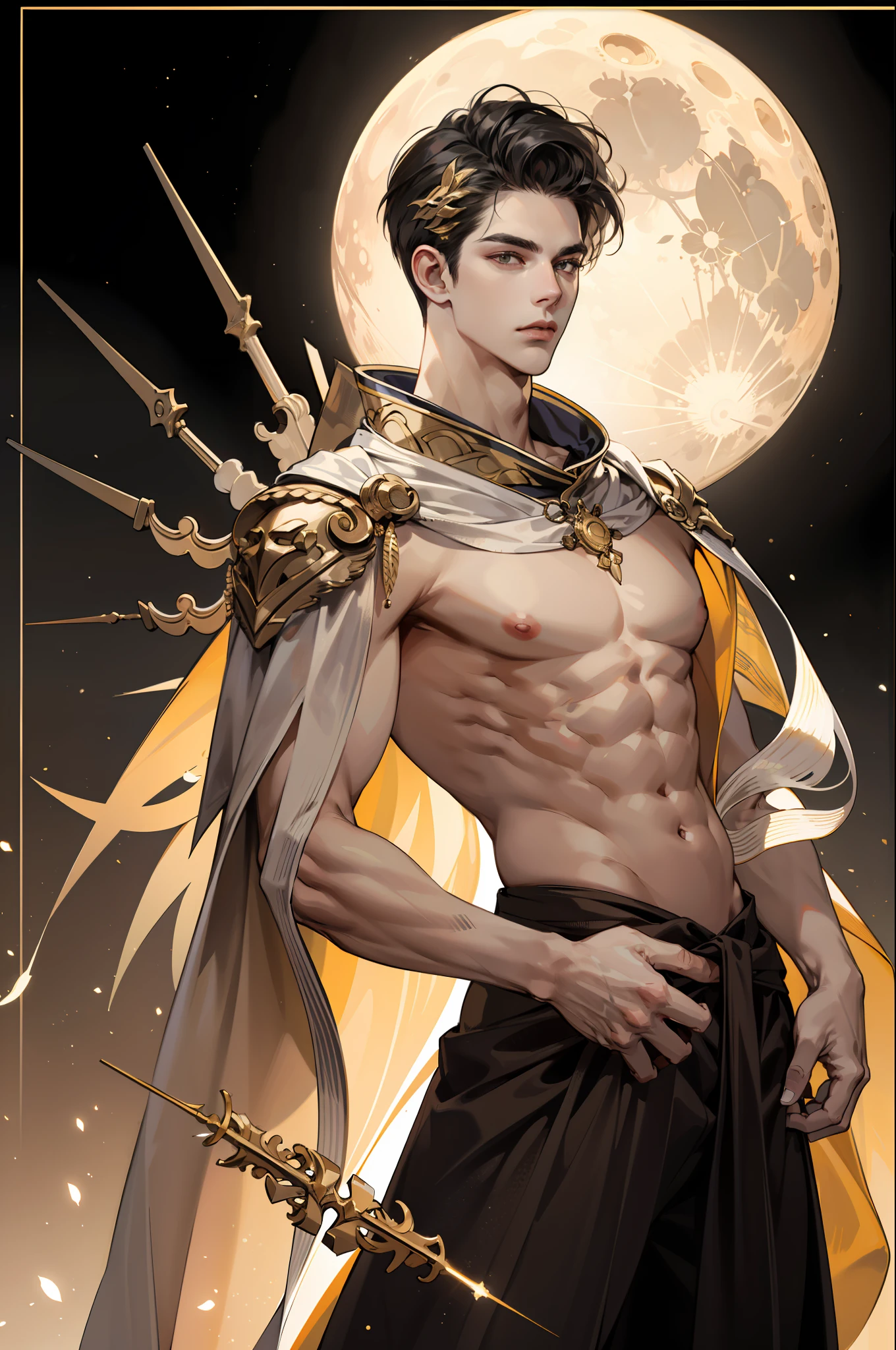 Moon Apollo, A male god,full length figure, Contemptuous gaze, Detailed face, (Naked: 1.4), Fit and fit, Gold decoration, Black plain background, High contrast, Masterpiece, Best quality, Best quality, Cinematic lighting, Photorealistic