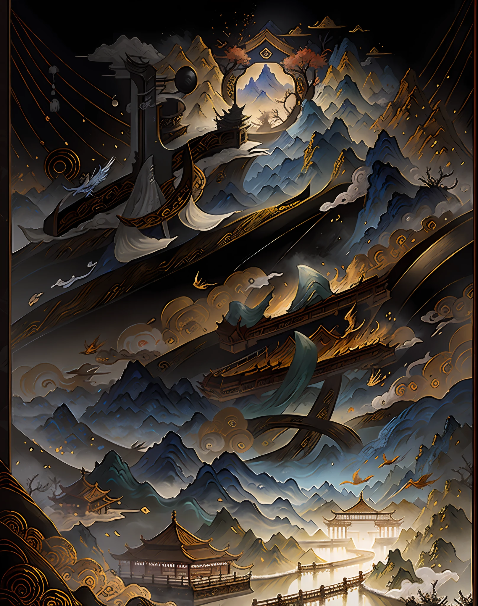 An ancient Chinese painting, ancient Chinese background, mountains, rivers, auspicious clouds, pavilions, sunshine, masterpieces, super detail, epic composition, ultra HD, high quality, extremely detailed, official art, unified 8k wallpaper, Super detail, 32k -- v 6