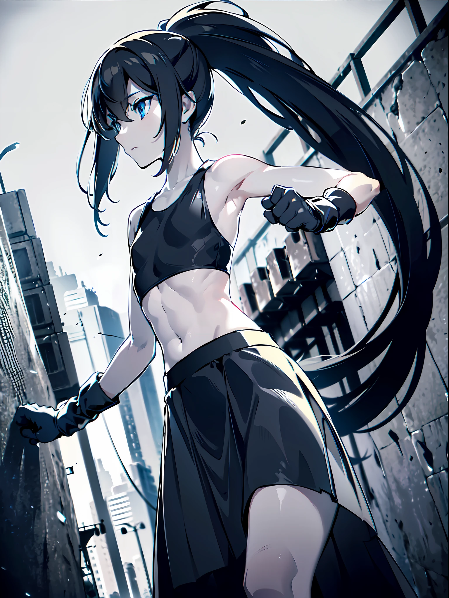 1girl, (solo:1.2), ((masterpiece)), slim, small chest, pale skin, ((detailed eyes)), (bokeh effect), (dynamic angle), armpits, navel, black hair, long hair, (tanktop:1.3), (long skirt:1.4), (elbow gloves), jogging, exterior, sweats, ponytail