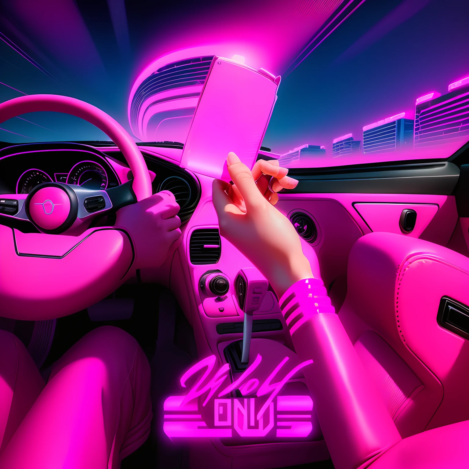 Someone is holding a ribbon in their hand while driving a car, retrowave vibes, estilo de arte Synthwave, estilo de arte Synthwave ]!!, (Synthwave), retro-wave vibes, Synthwave estilo anos 80, arte Synthwave, imagem Synthwave, [ estilo de arte Synthwave ]!!, Estilo Synthwave, Retro pink synthwave style
